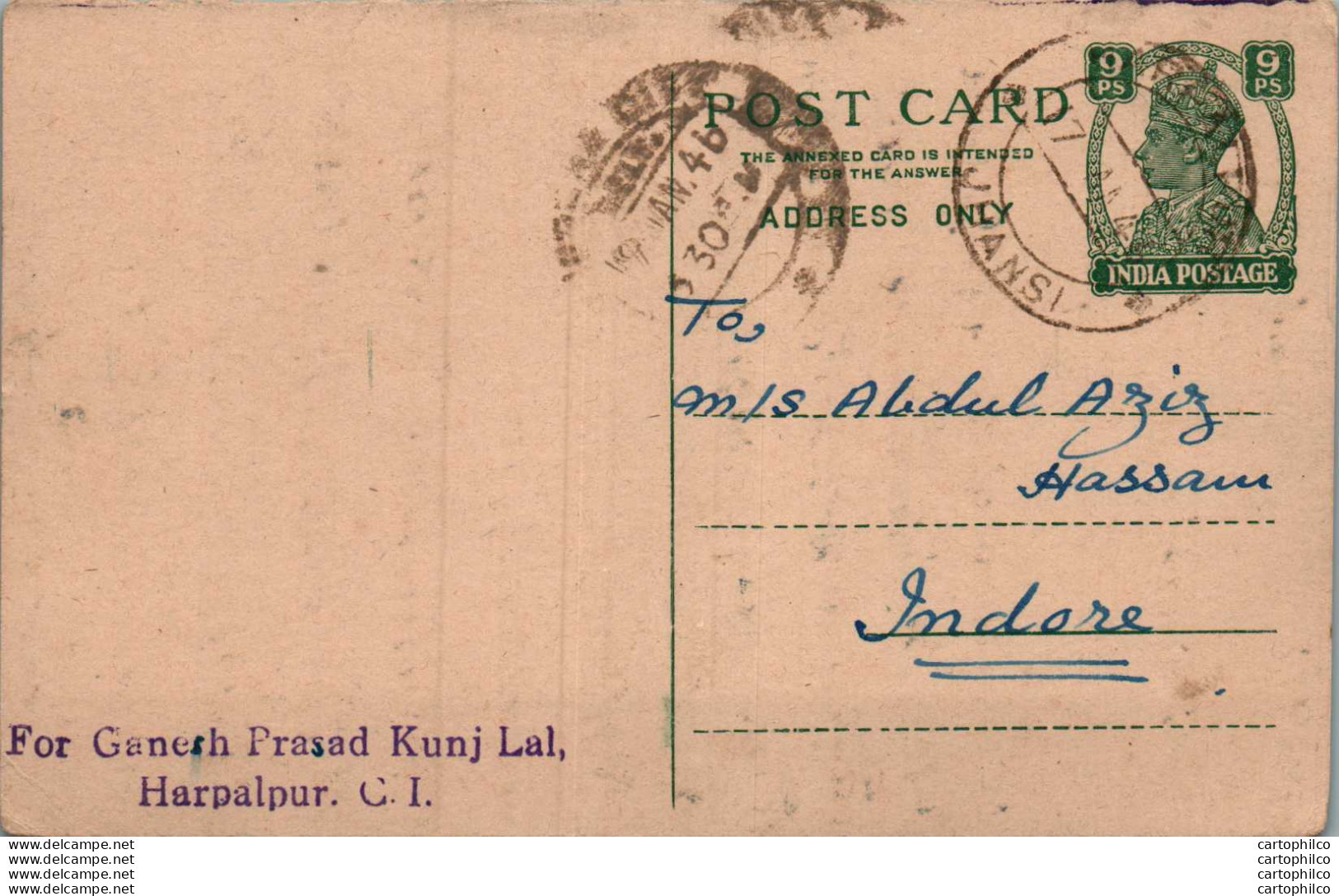 India Postal Stationery George VI 9p To Indore Harpalpur - Postcards