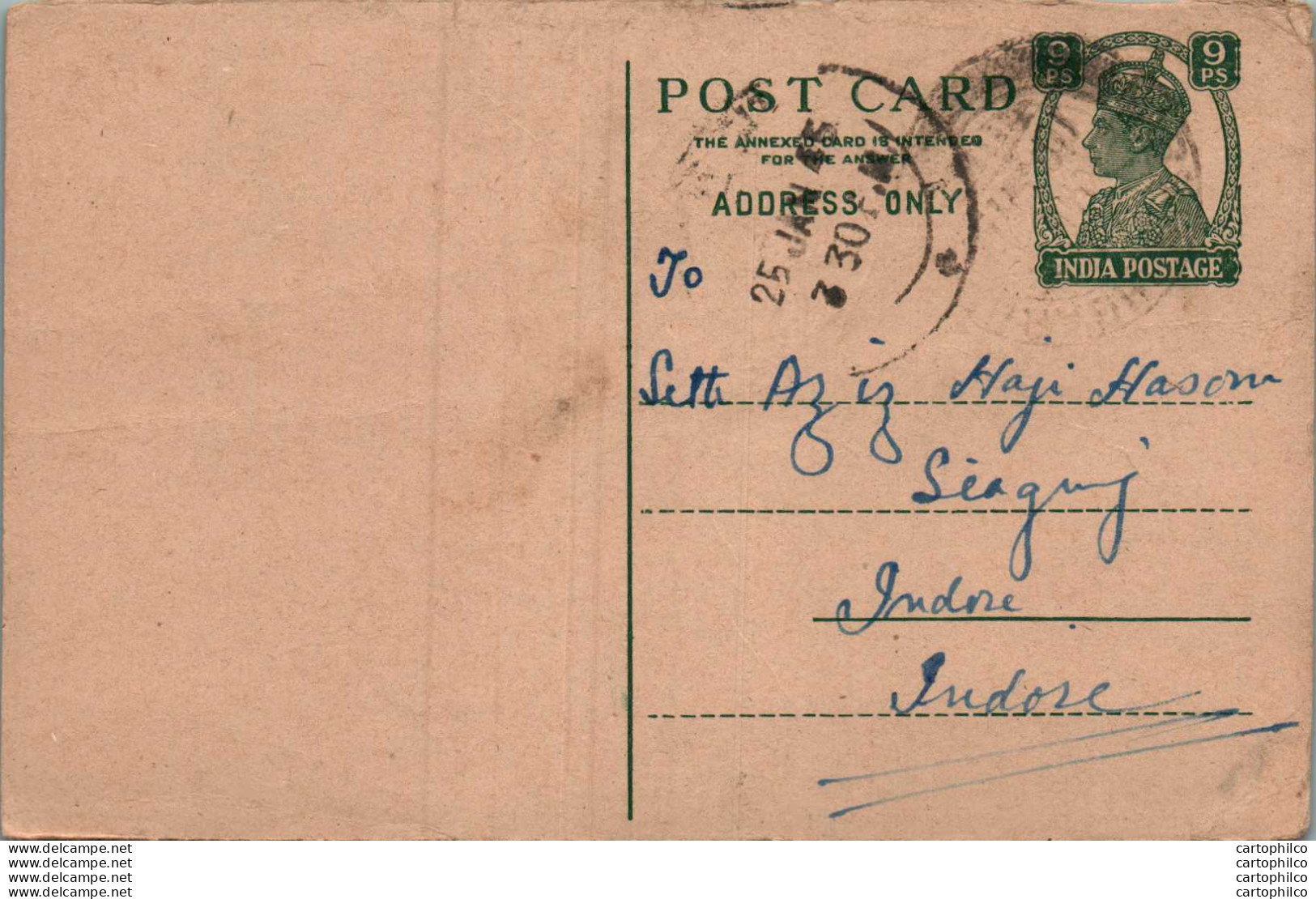 India Postal Stationery George VI 9p To Indore - Postkaarten