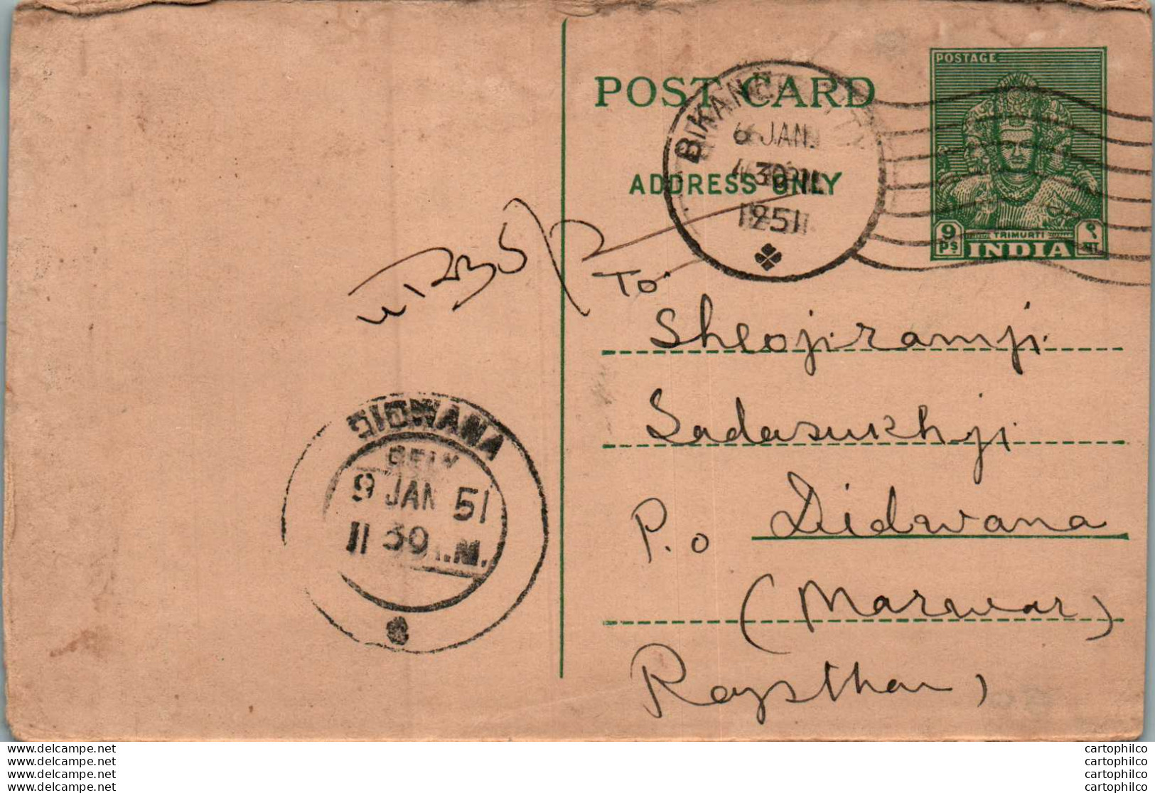 India Postal Stationery 9p Bikaner Cds Didwana Cds - Postcards