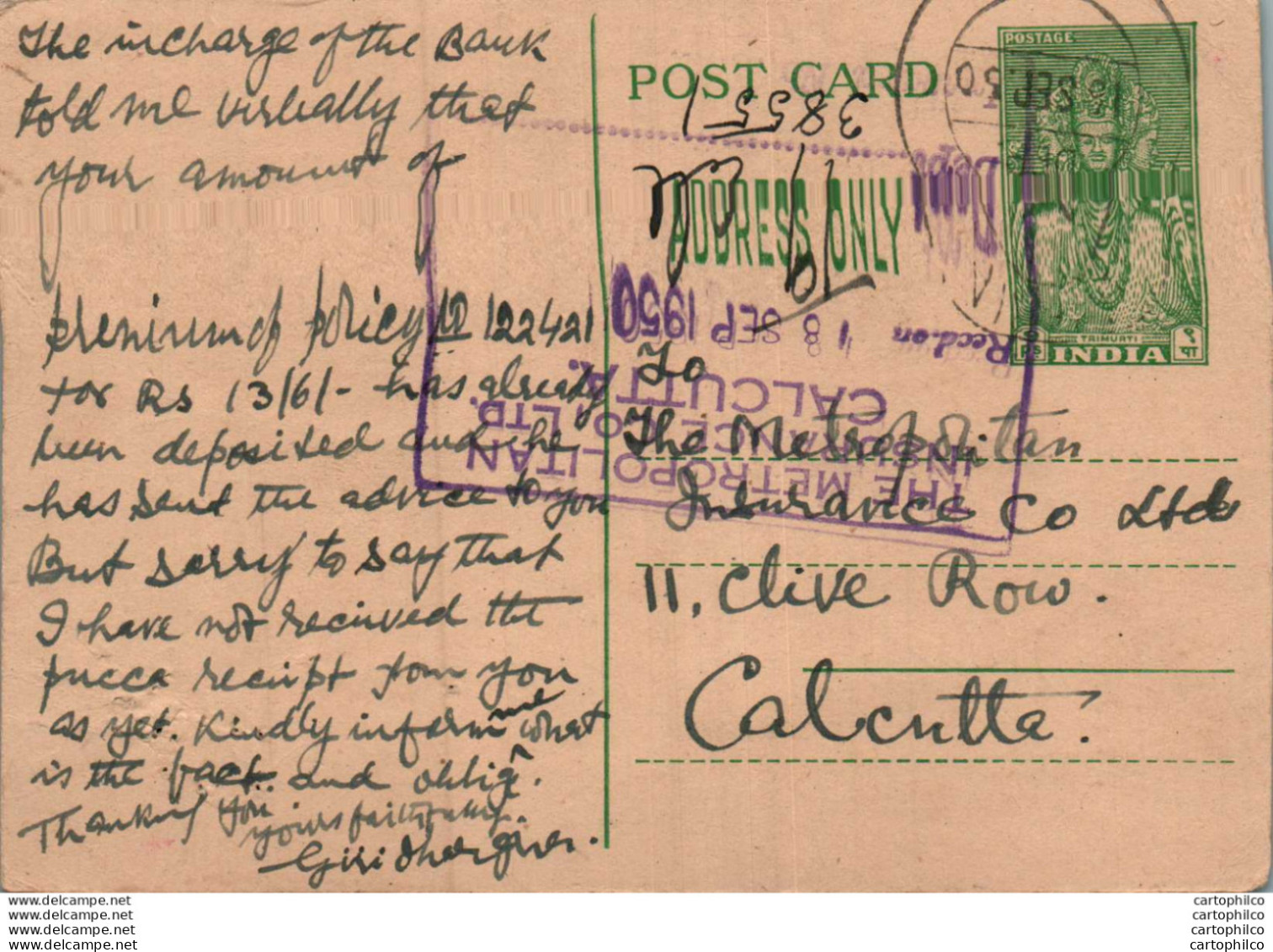 India Postal Stationery 9p To Calcutta - Postcards