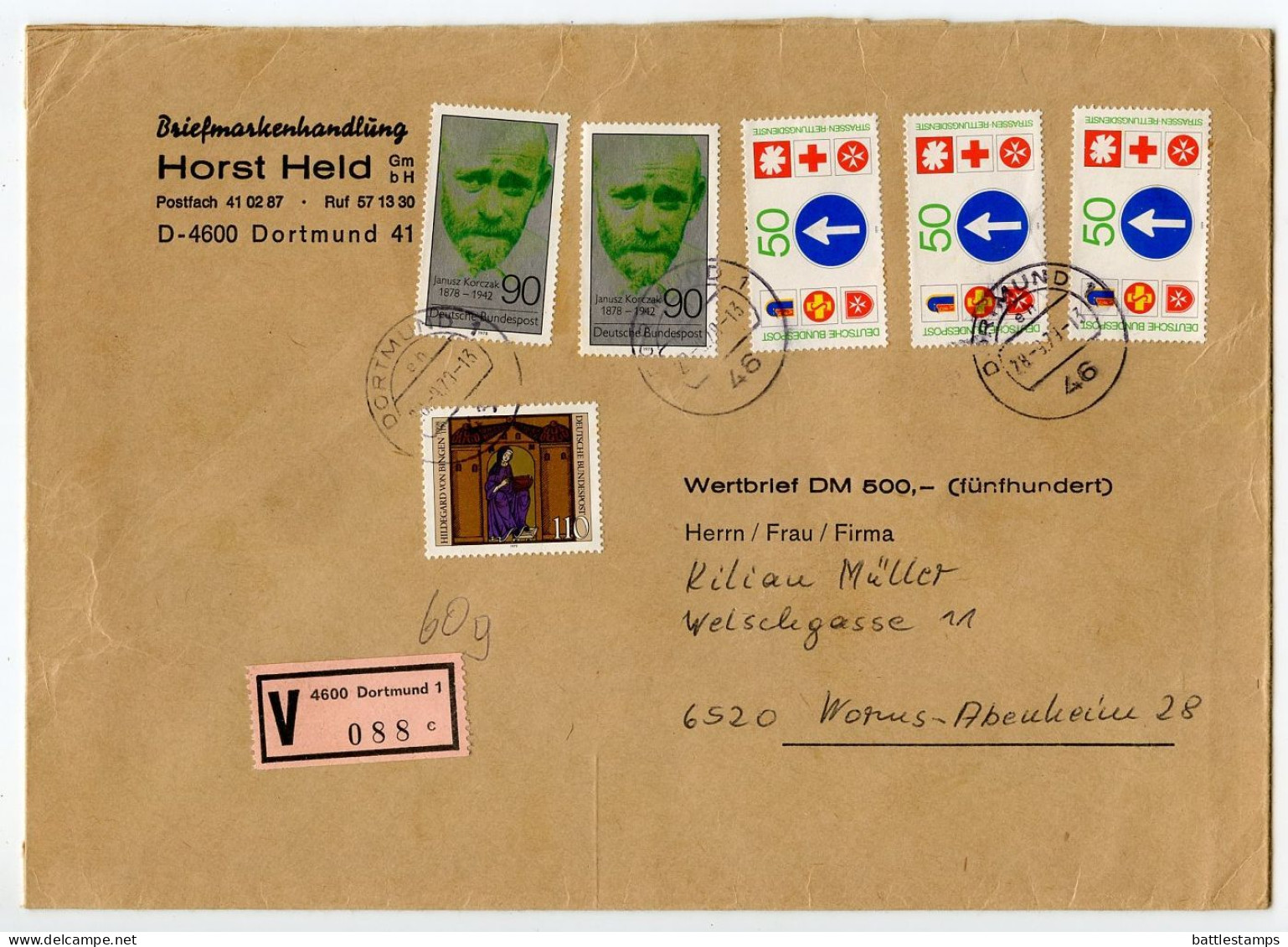 Germany, West 1979 Insured V-Label Cover; Dortmund To Worms-Abenheim; Mix Of Stamps - Covers & Documents