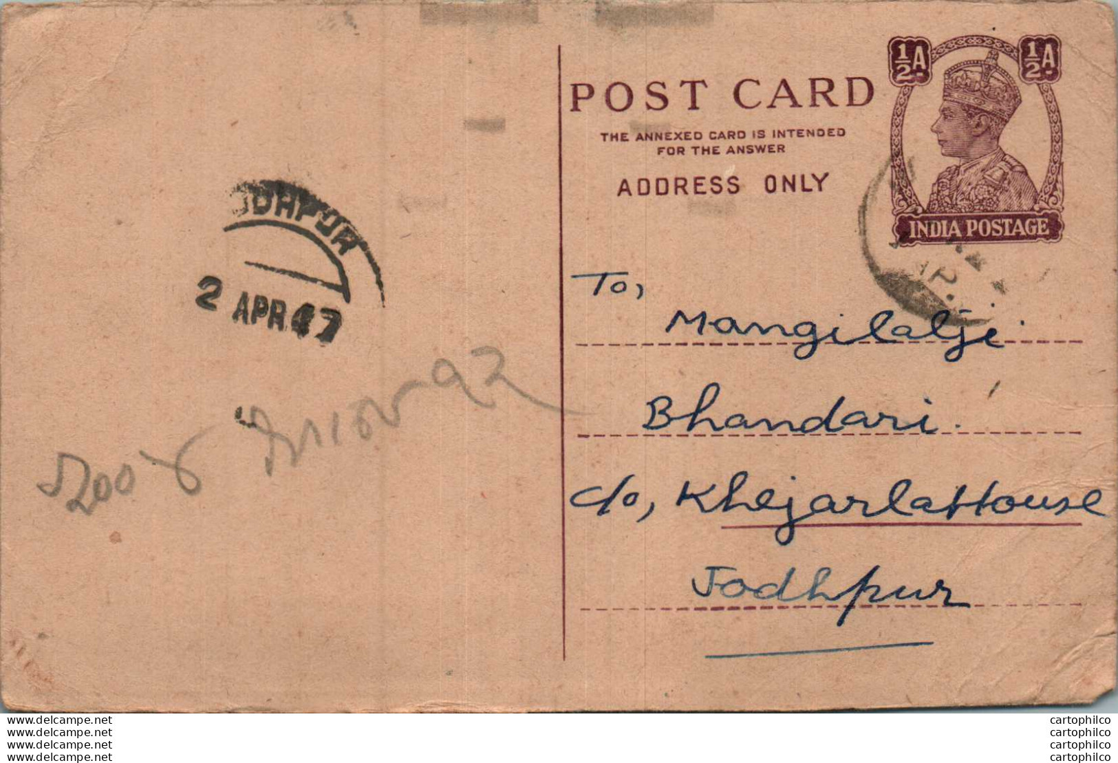 India Postal Stationery George VI 1/2 A Jodhpur Cds - Postcards