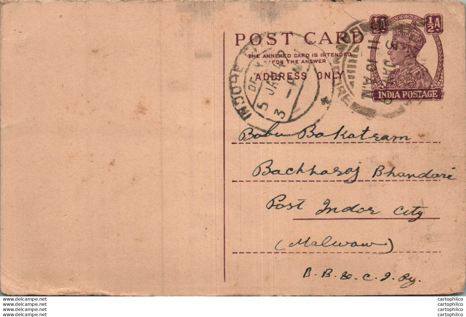 India Postal Stationery George VI 1/2 A Indore Cds - Postcards