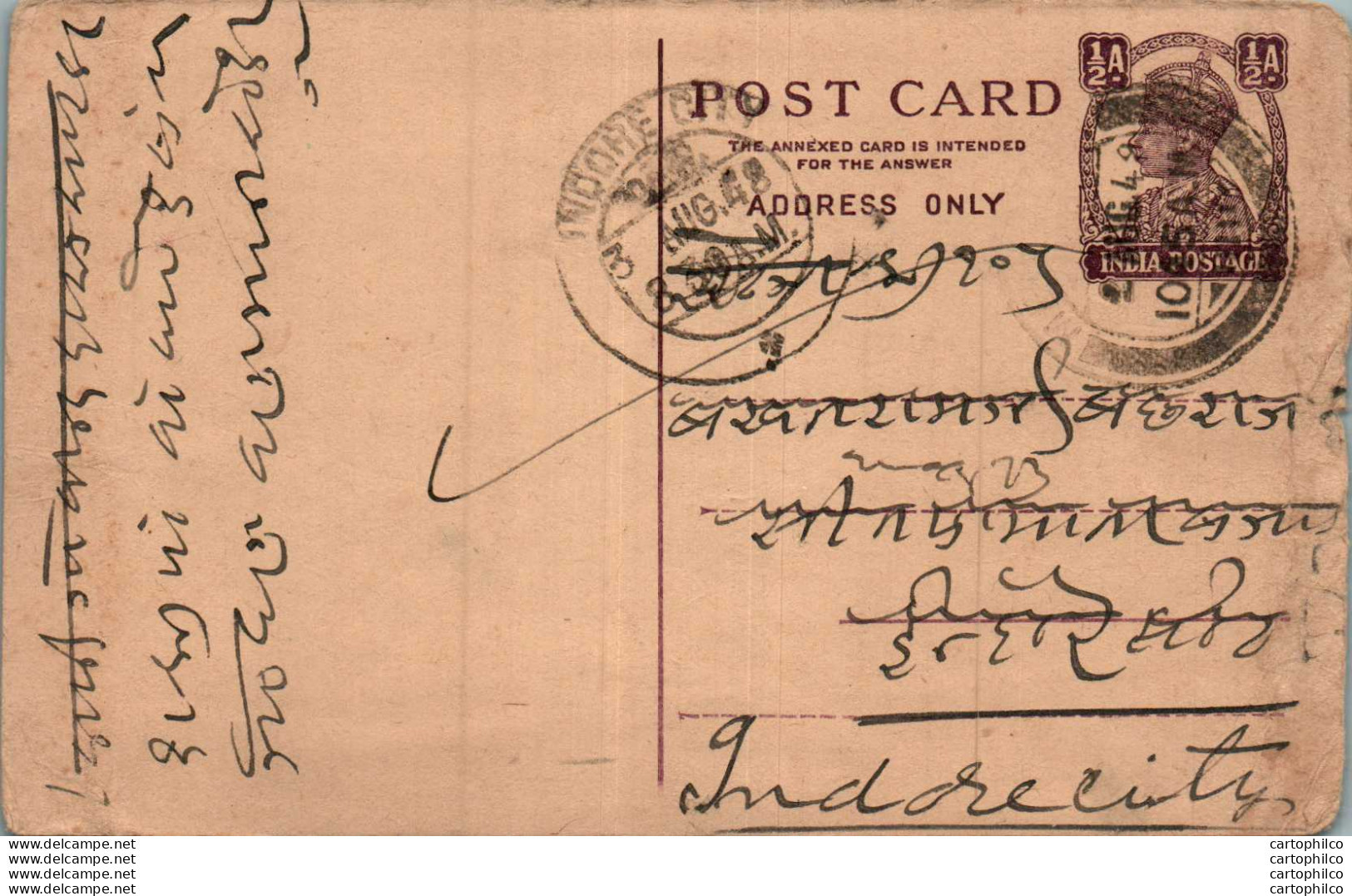 India Postal Stationery George VI 1/2 A Indore Cds - Postcards