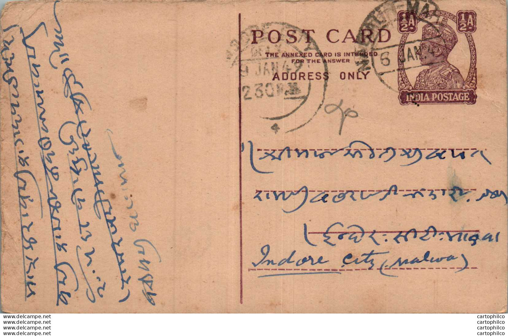 India Postal Stationery George VI 1/2 A To Indore - Postcards