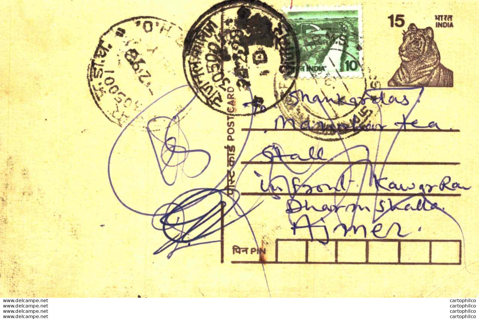 India Postal Stationery Tiger 15 To Ajmer - Ansichtskarten