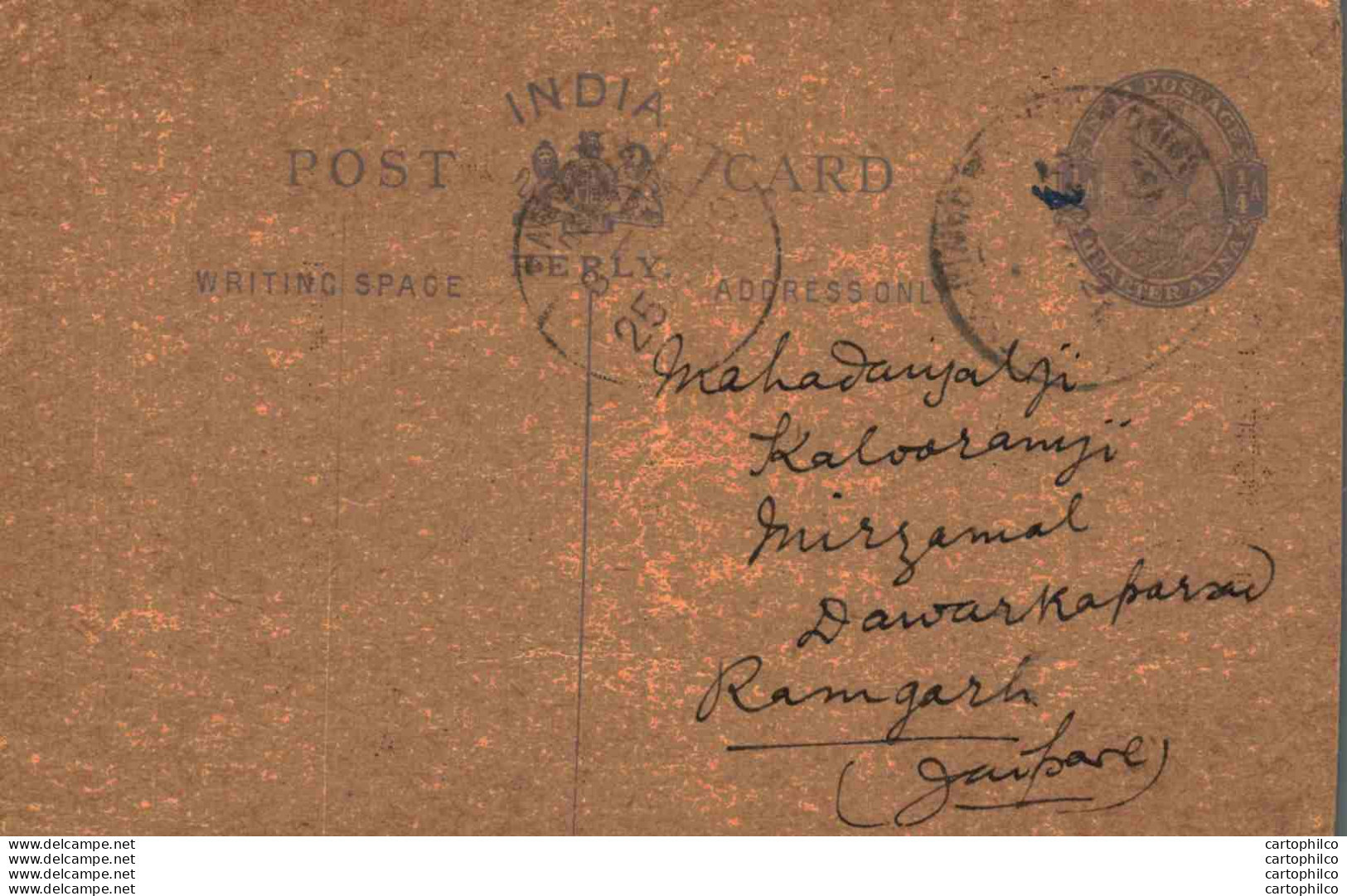 India Postal Stationery George V 1/4A To Ramgarh Jaipore - Cartoline Postali