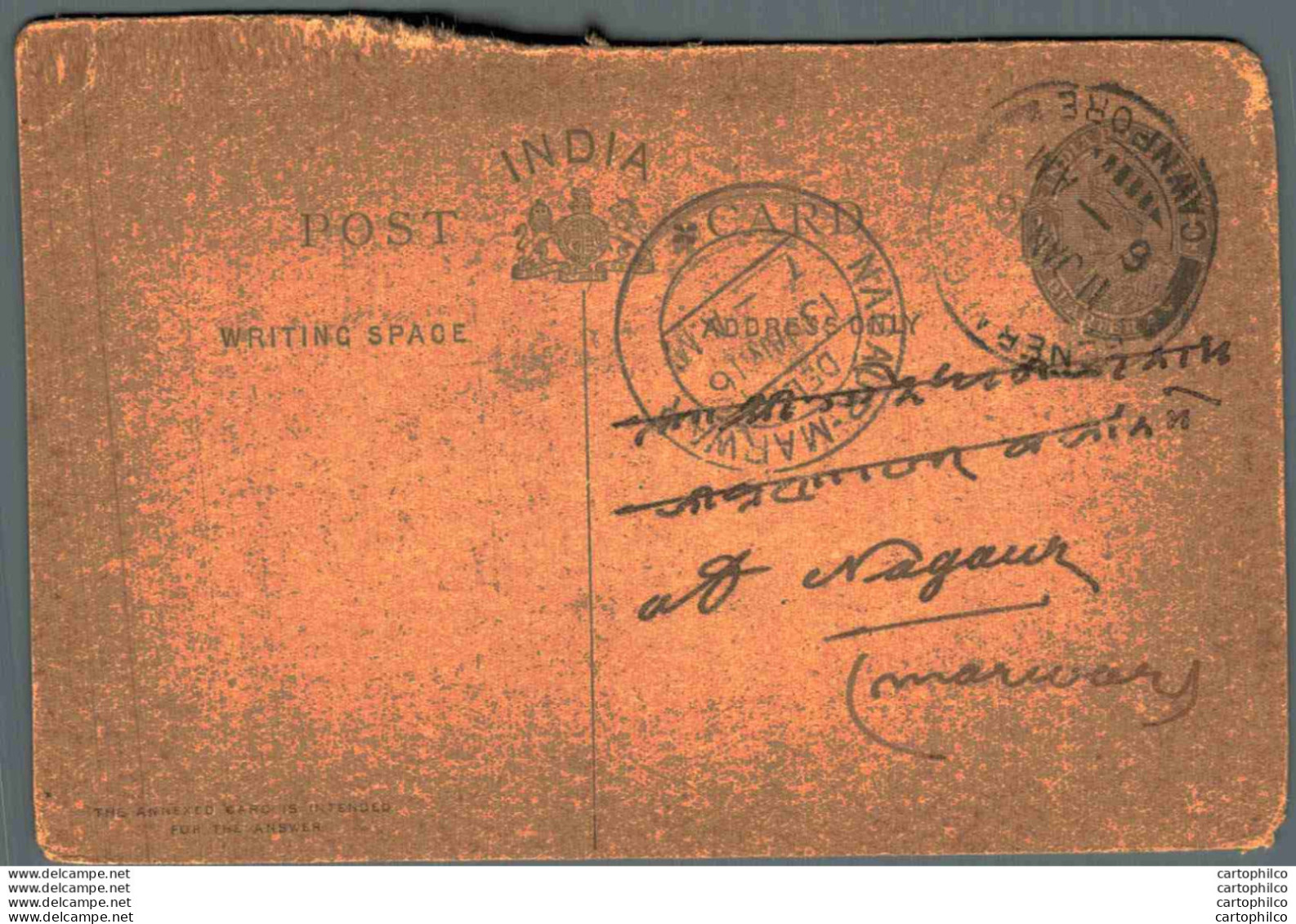 India Postal Stationery George V 1/4A Cawnpore Cds - Cartoline Postali