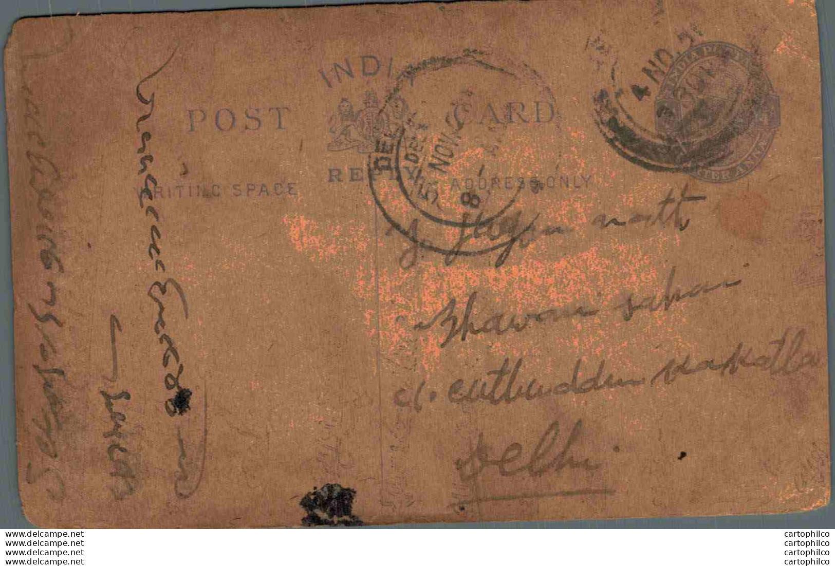 India Postal Stationery George V 1/4A To Delhi - Postcards