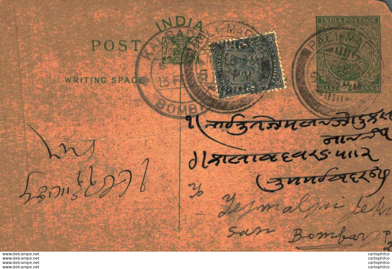 India Postal Stationery George V 1/2A Kalbadevi Bombay Cds Pali Marwar Cds - Postales