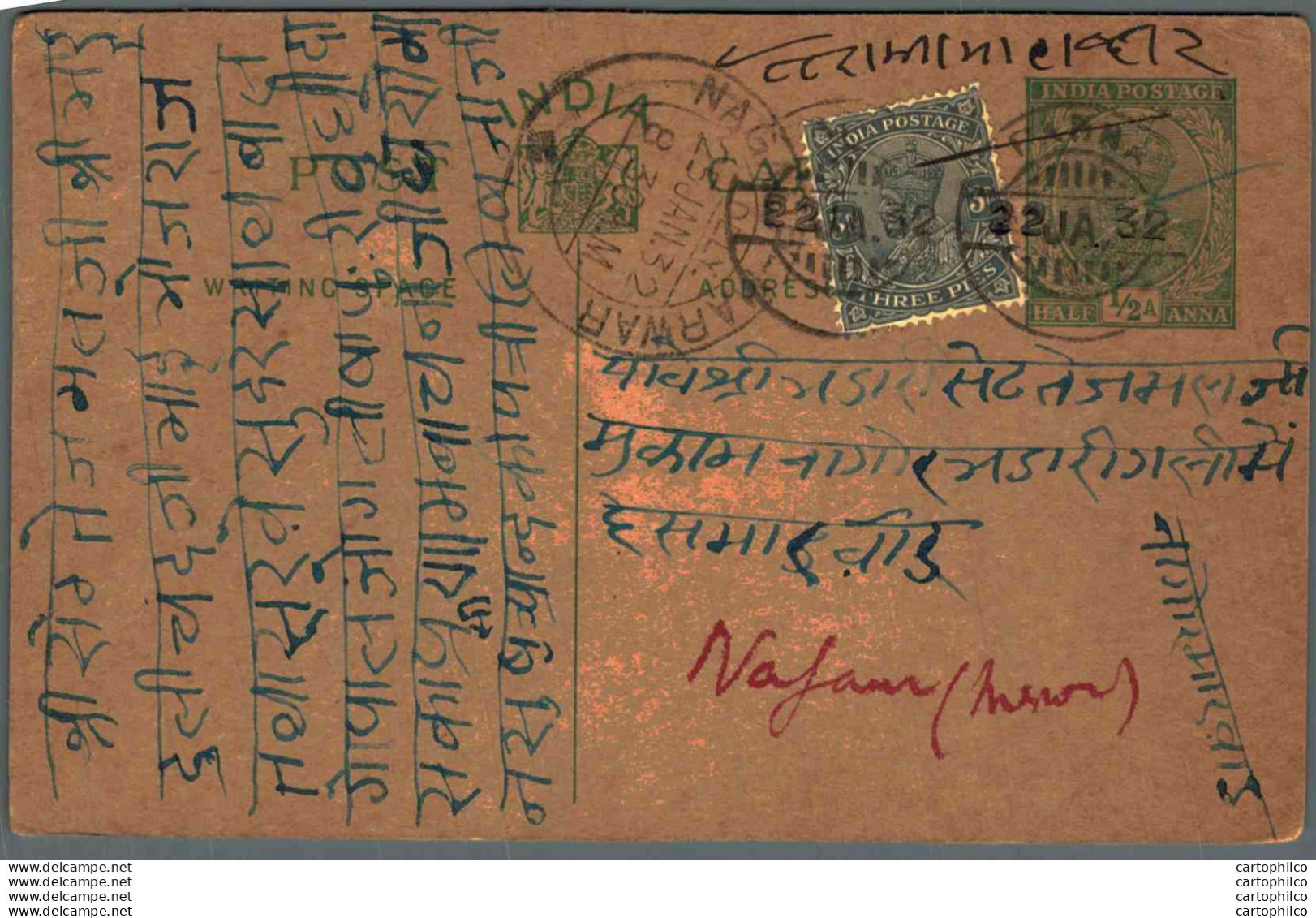 India Postal Stationery George V 1/2A Nagaur Marwar Cds - Postales