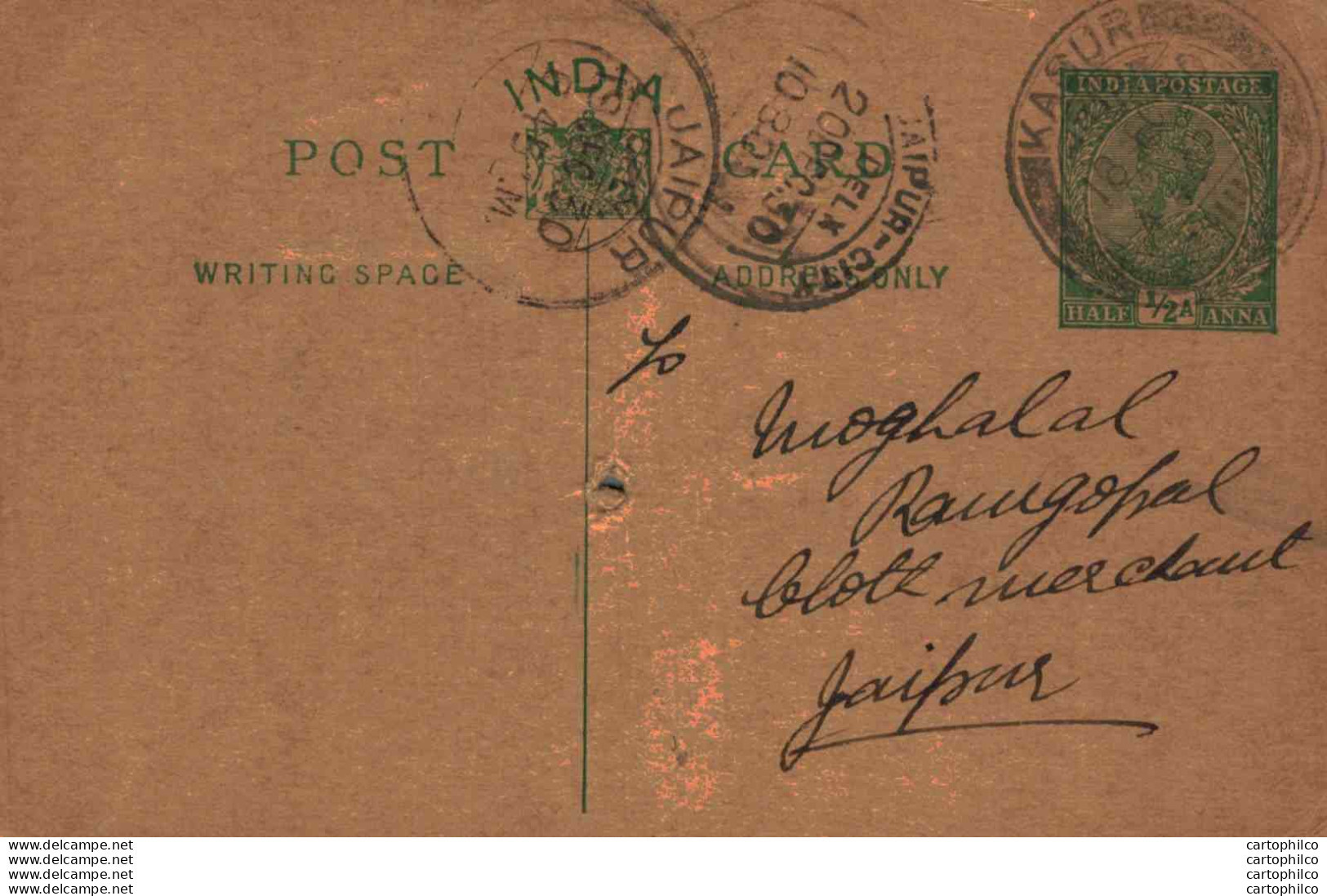 India Postal Stationery George V 1/2A Jaipur Cds - Cartes Postales