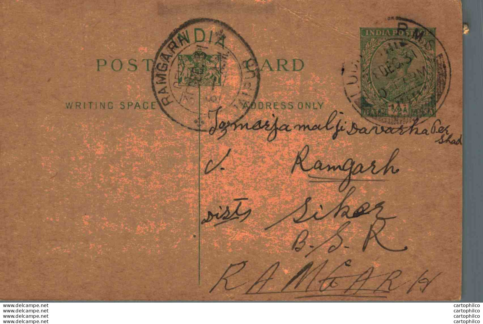 India Postal Stationery George V 1/2A Ramgarh Jaipur Cds - Cartes Postales