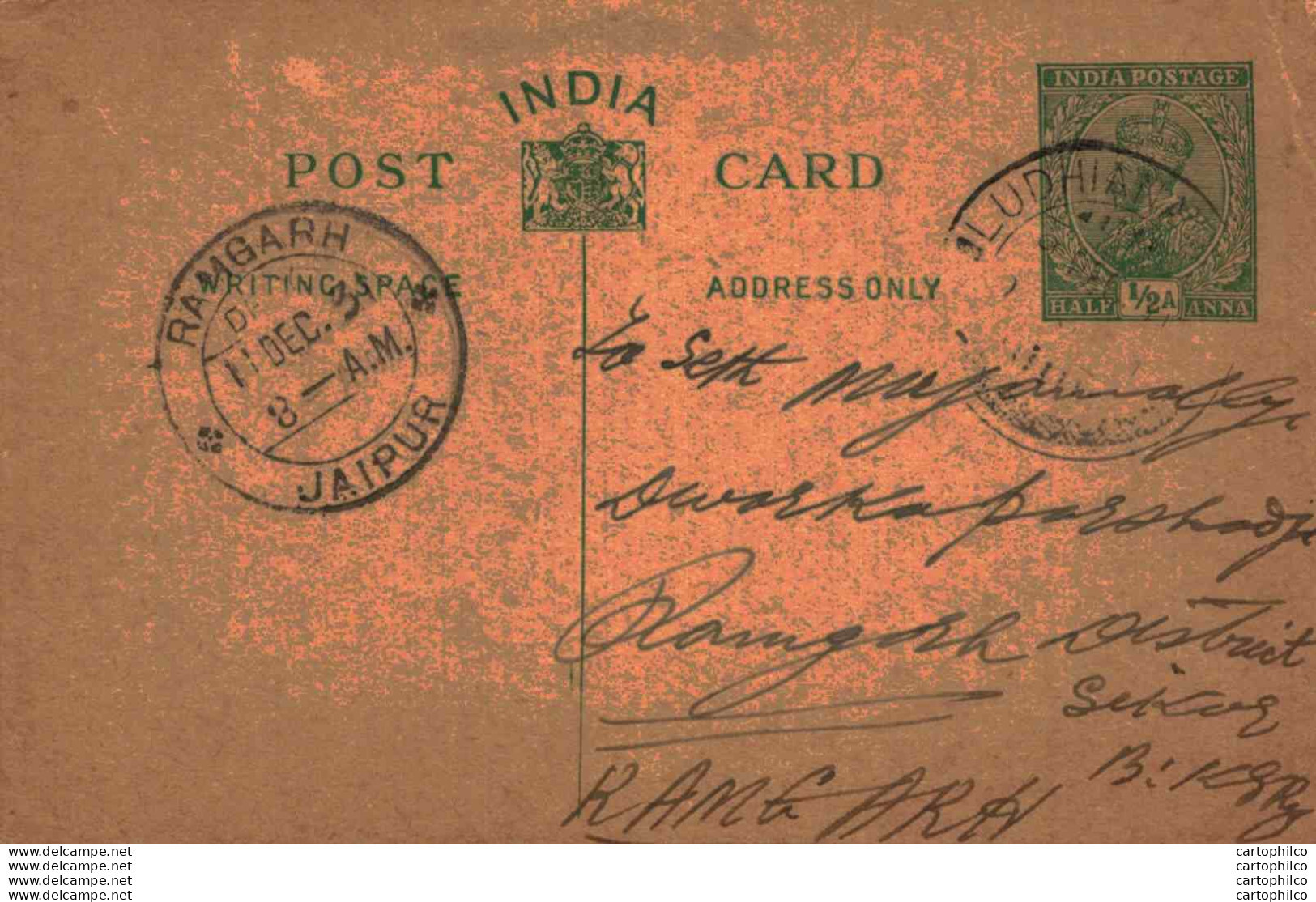 India Postal Stationery George V 1/2A Ramgarh Jaipur Cds - Cartes Postales