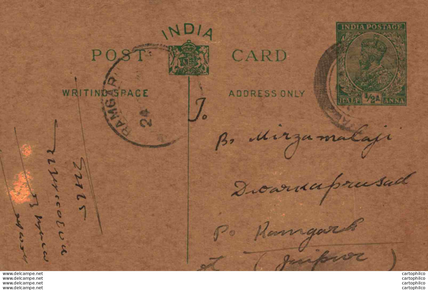 India Postal Stationery George V 1/2A Ramgarh Jaipur Cds Jaydial Madan Gopal Gaya - Cartes Postales