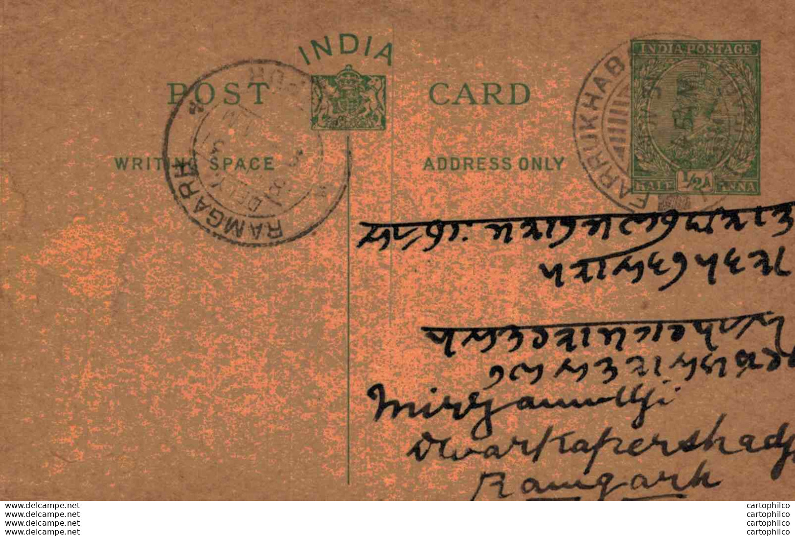 India Postal Stationery George V 1/2A Ramgarh Cds Farrukhab Cds - Cartes Postales