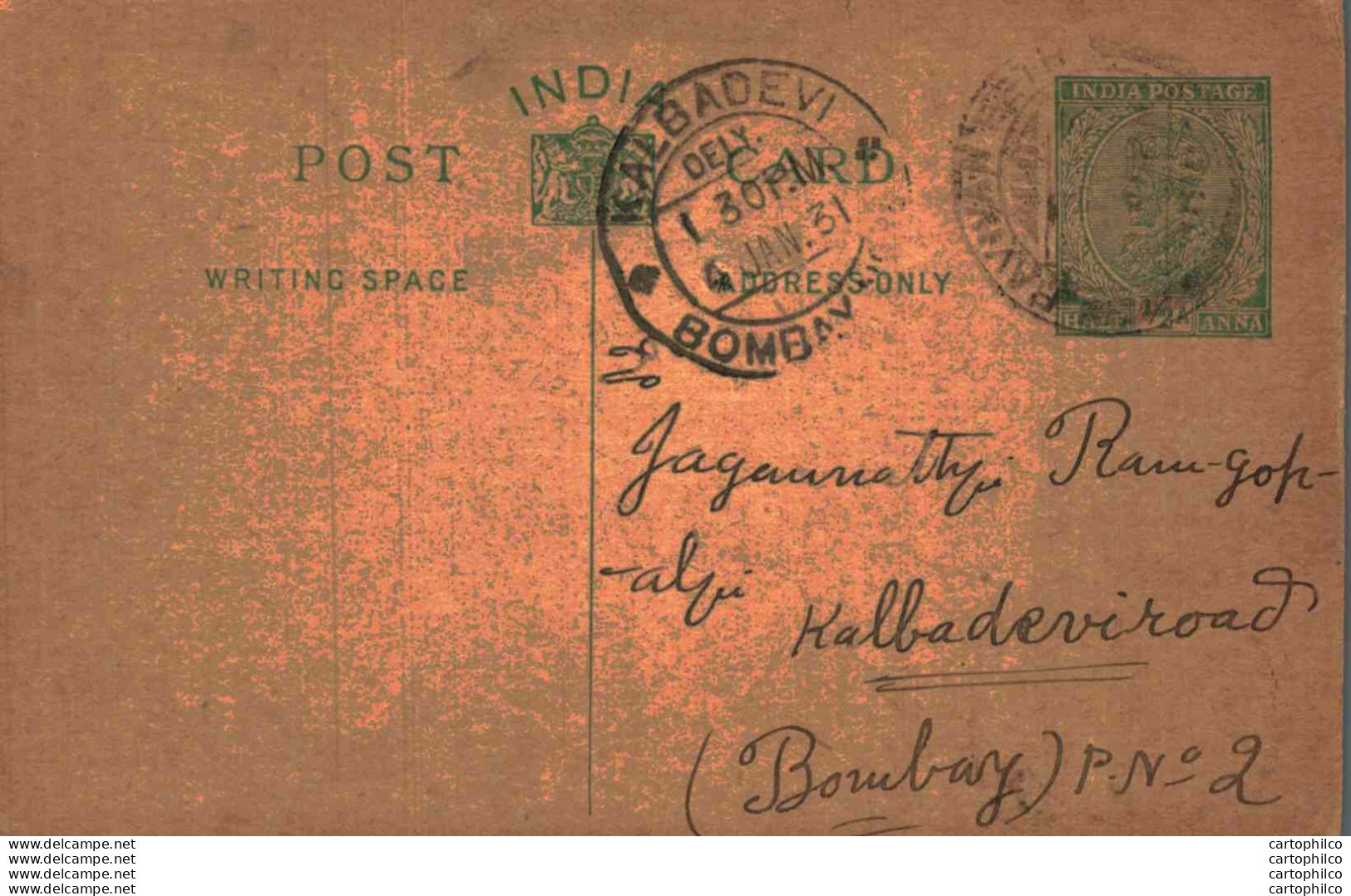 India Postal Stationery George V 1/2A Kalbadevi Bombay Cds - Cartes Postales