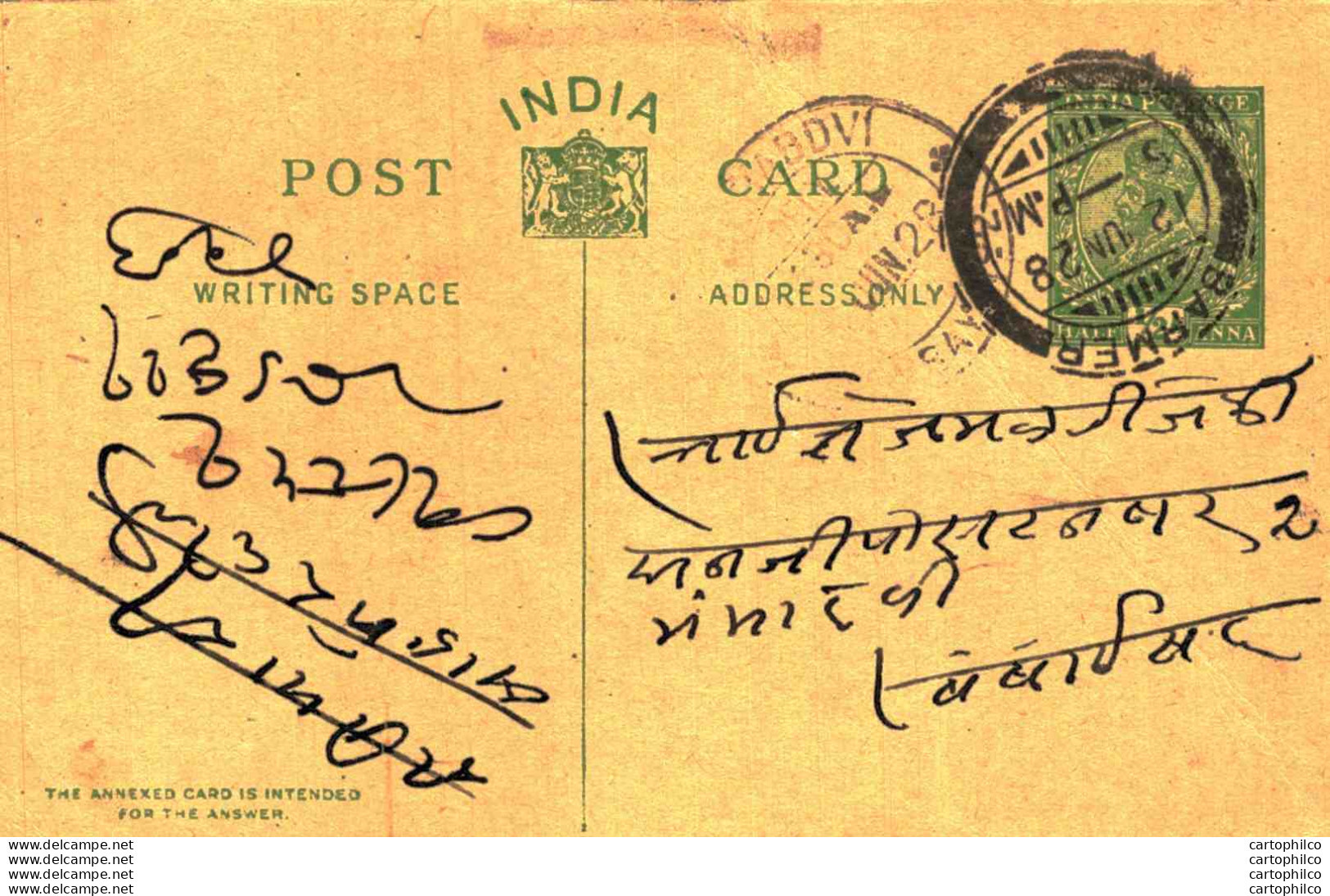 India Postal Stationery George V 1/2A Kalbadevi Bombay Cds Barmer Cds - Postkaarten