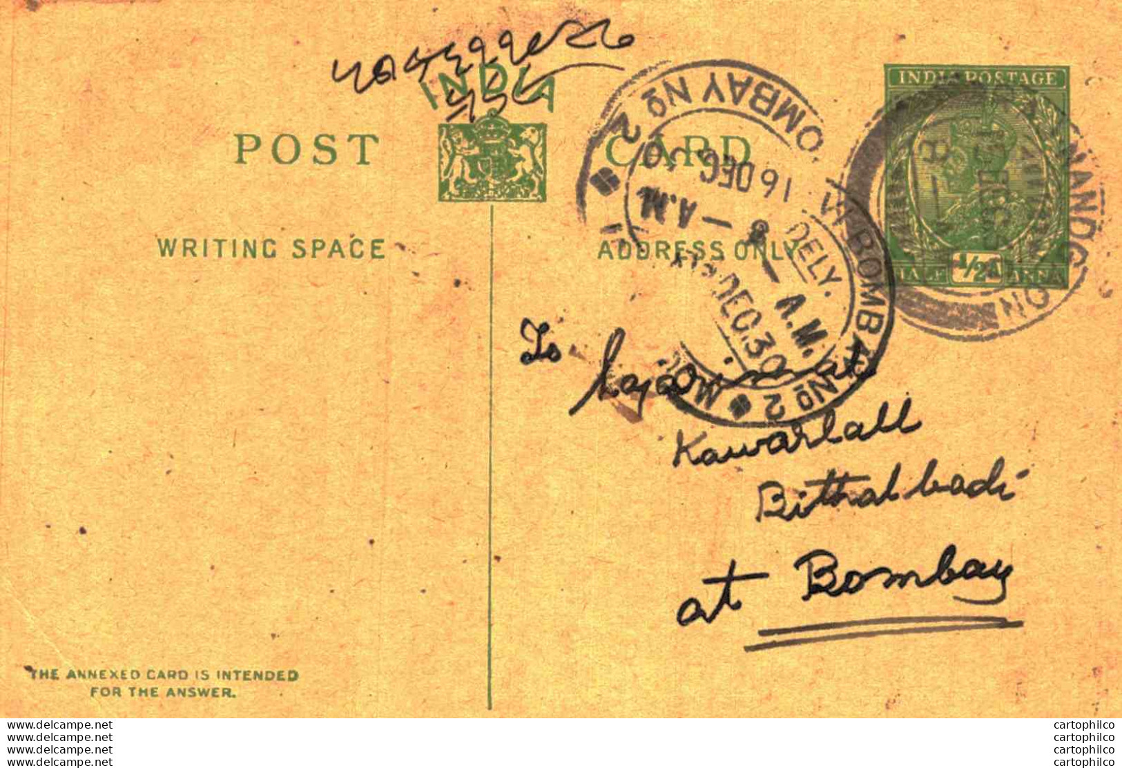 India Postal Stationery George V 1/2A Kalbadevi Bombay Cds Raj Nandgaon Cds - Cartes Postales