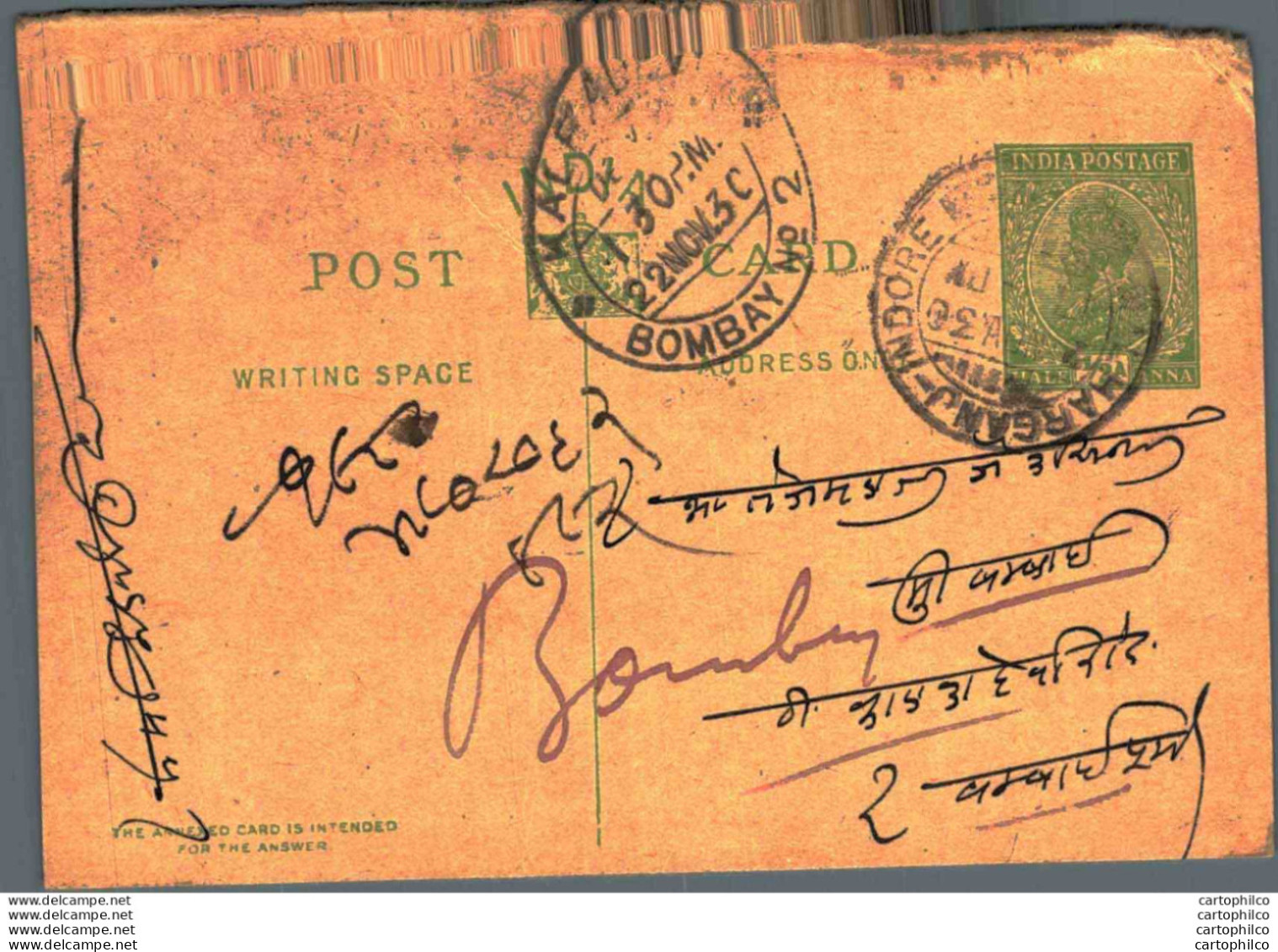 India Postal Stationery George V 1/2A Kalbadevi Bombay Cds Harganj Cds - Ansichtskarten