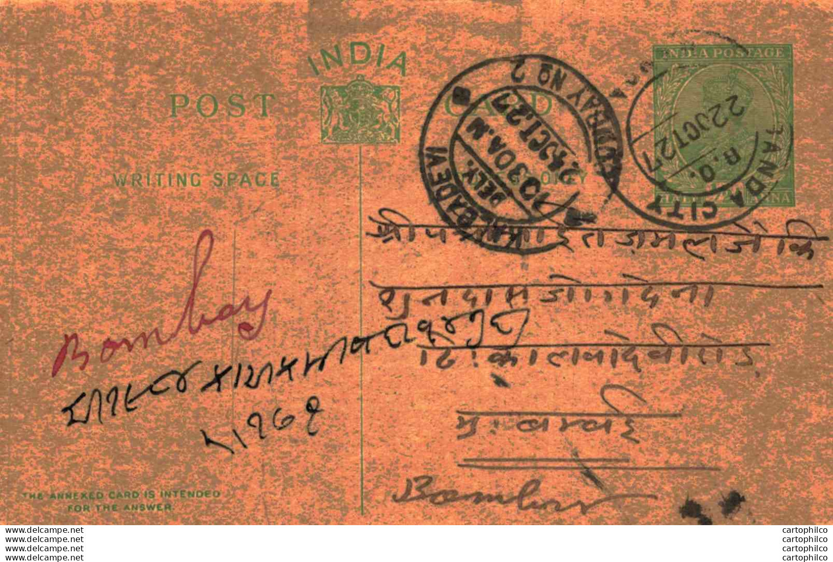 India Postal Stationery George V 1/2A Kalbadevi Bombay Cds - Cartes Postales