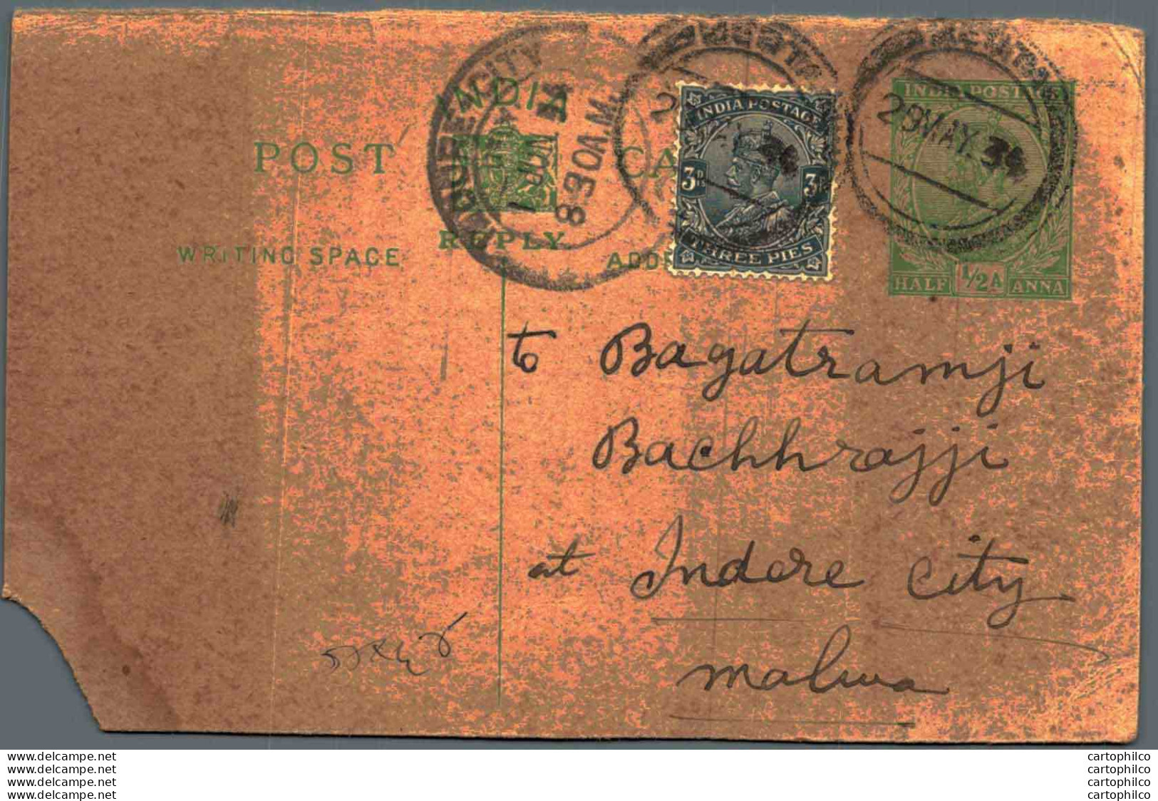 India Postal Stationery George V 1/2A Indore City Cds - Postkaarten