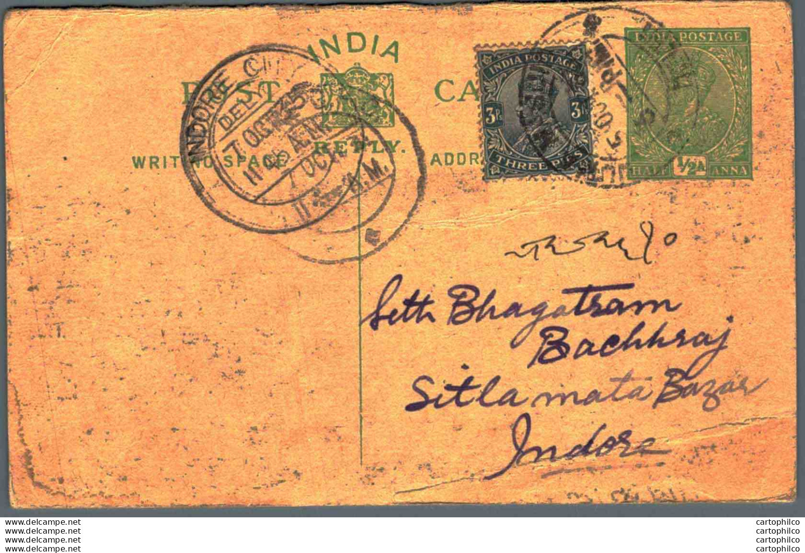 India Postal Stationery George V 1/2A Indore Cds The Jyotish Chamber Delhi - Ansichtskarten