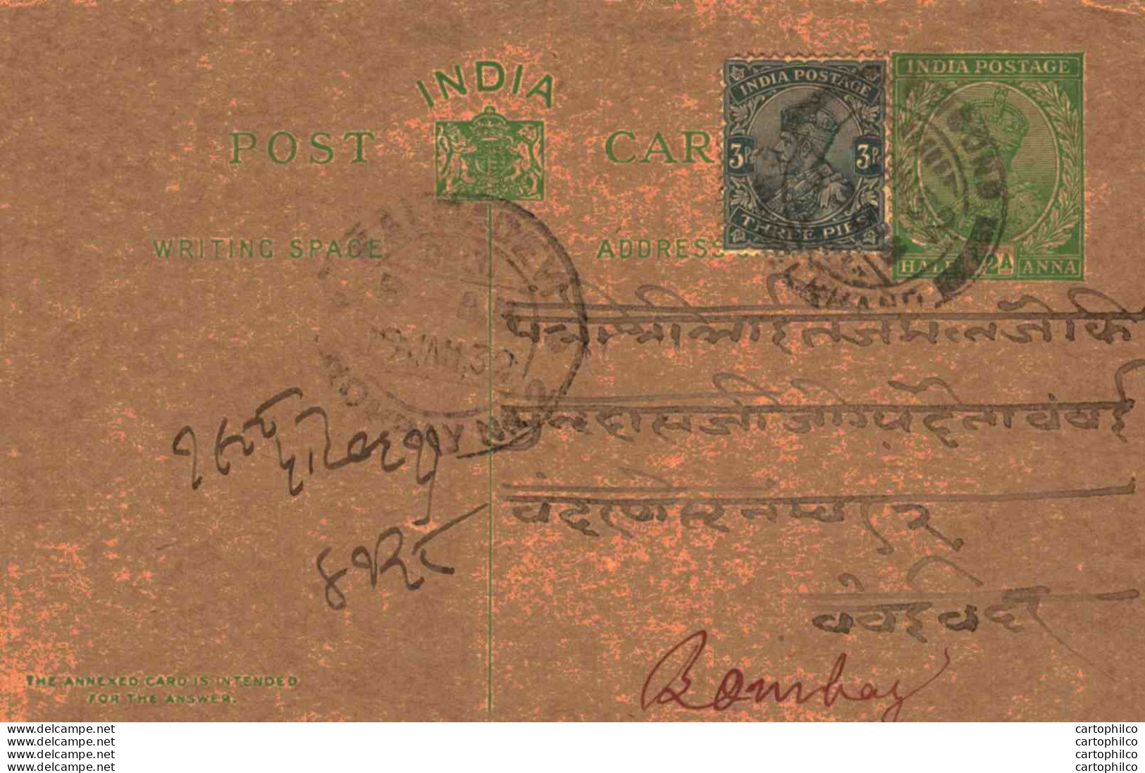 India Postal Stationery George V 1/2A To Bombay - Ansichtskarten