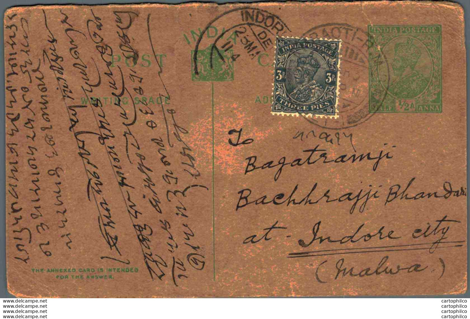 India Postal Stationery George V 1/2A Indore Amraoti Cds - Ansichtskarten