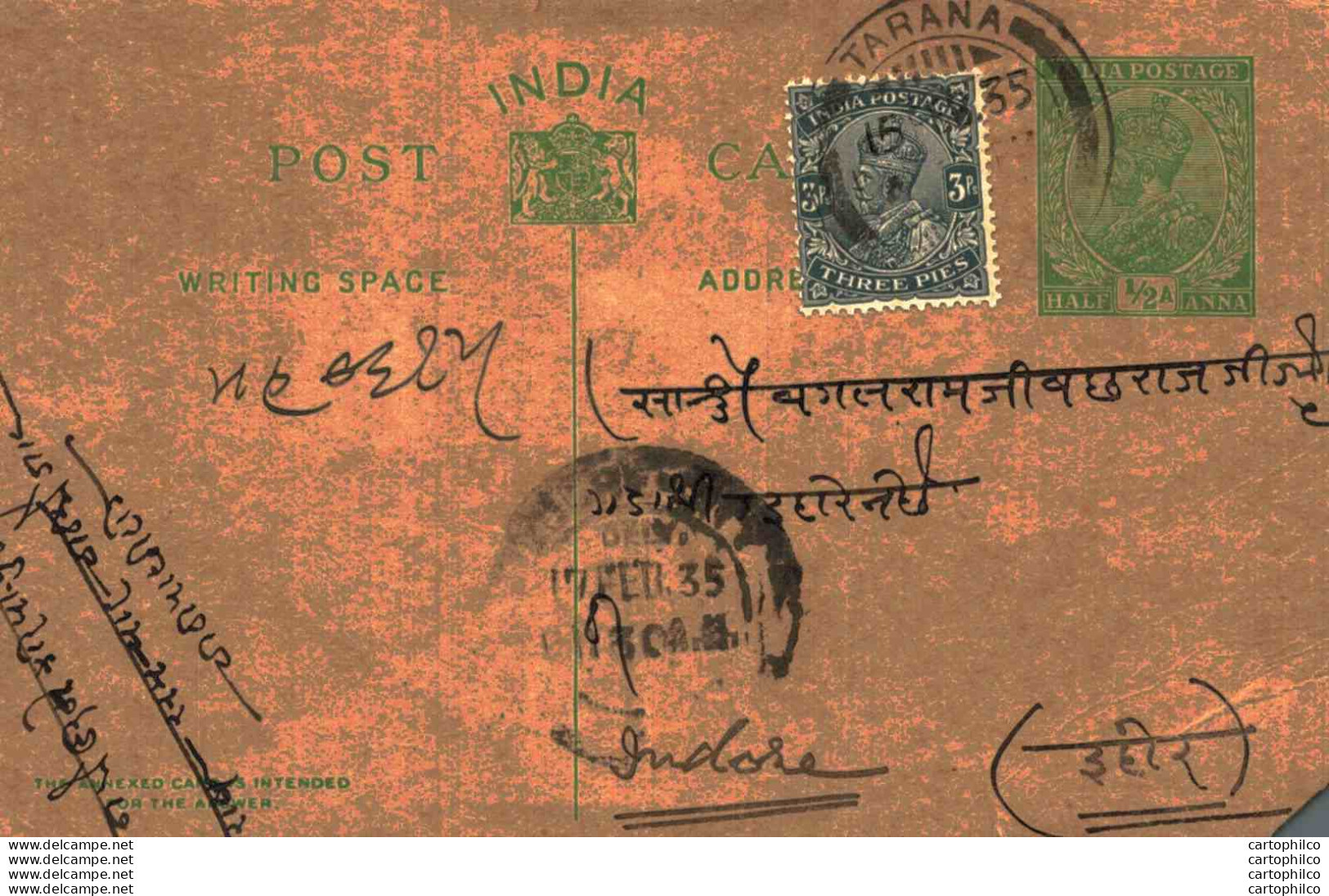 India Postal Stationery George V 1/2A Tarana Cds To Indore - Postales