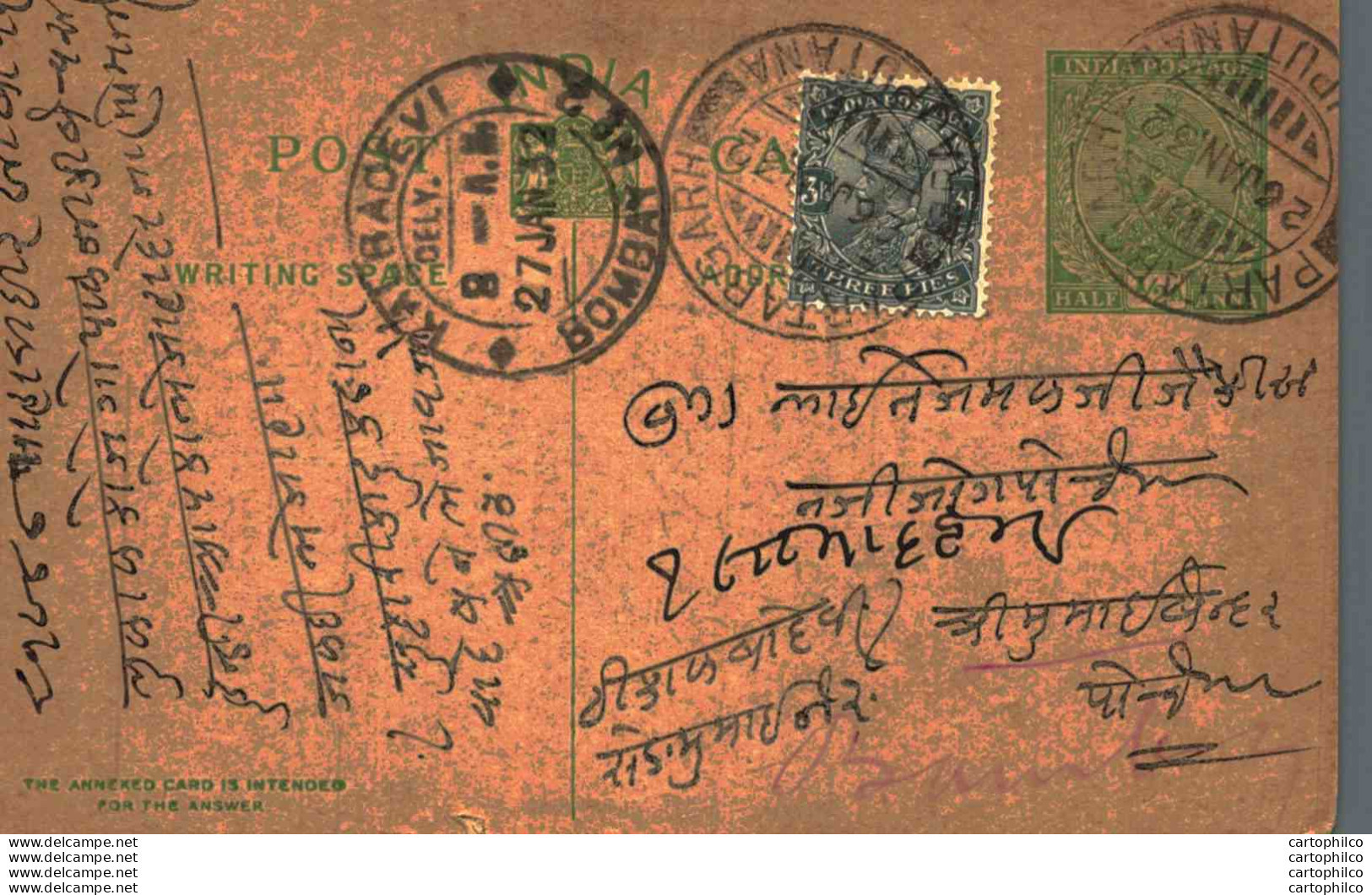 India Postal Stationery George V 1/2A Rajputana Cds Kalbadevi Bombay Cds - Postales