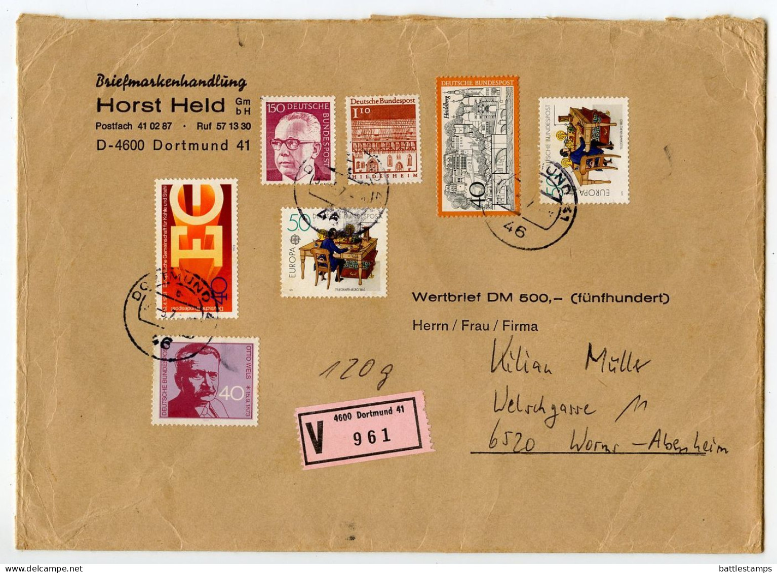 Germany, West 1979 Insured V-Label Cover; Dortmund To Worms-Abenheim; Mix Of Stamps - Briefe U. Dokumente