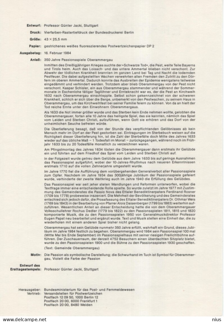 Germany Deutschland 1984-05 First Day Sheet ETB, 350 Jahre Passionsspiele Oberammergau, Canceled In Bonn - 1981-1990