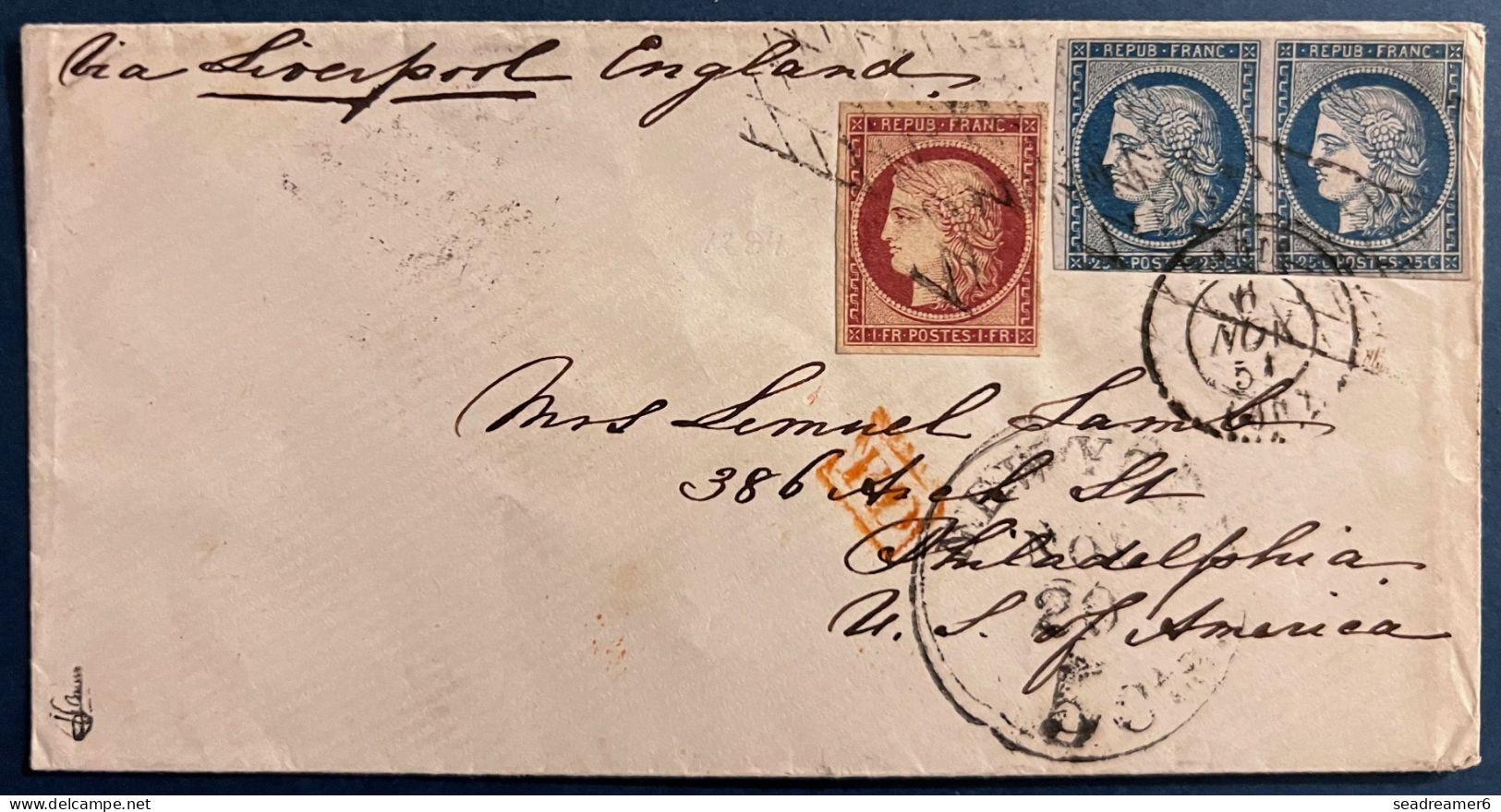 FRANCE Lettre Céres N°4 25c Bleu Paire + N°6 1FR Carmin Pour Les USA Philadelphie Par Voie AnglaiseTB/ SUP Signé JF.BRUN - 1849-1850 Cérès