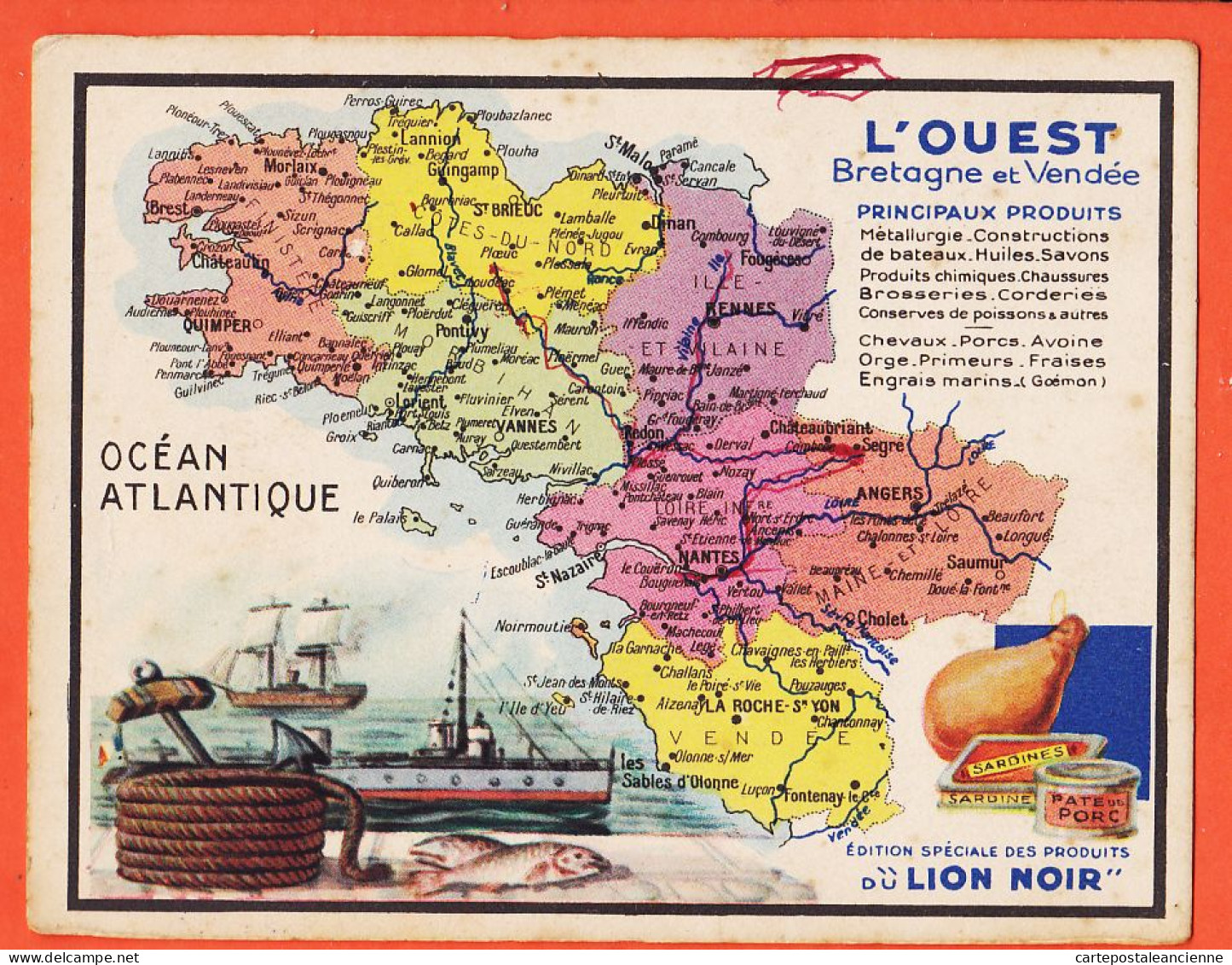 10113 ● Chromo Carte Géographique Région OUEST BRETAGNE VENDEE Sardines Pate Porc Jambon Pub Cirage LION NOIR 10x13 - Aardrijkskunde