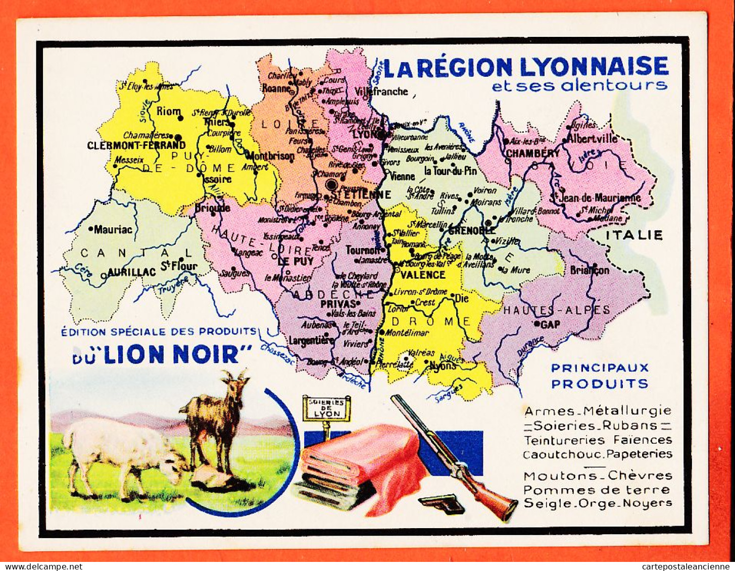 10109 ● Chromo Carte Géographique Région LYONNAISE Et Alentours Armes Soieries Mouton Orge LION NOIR 10x13 - Geographie