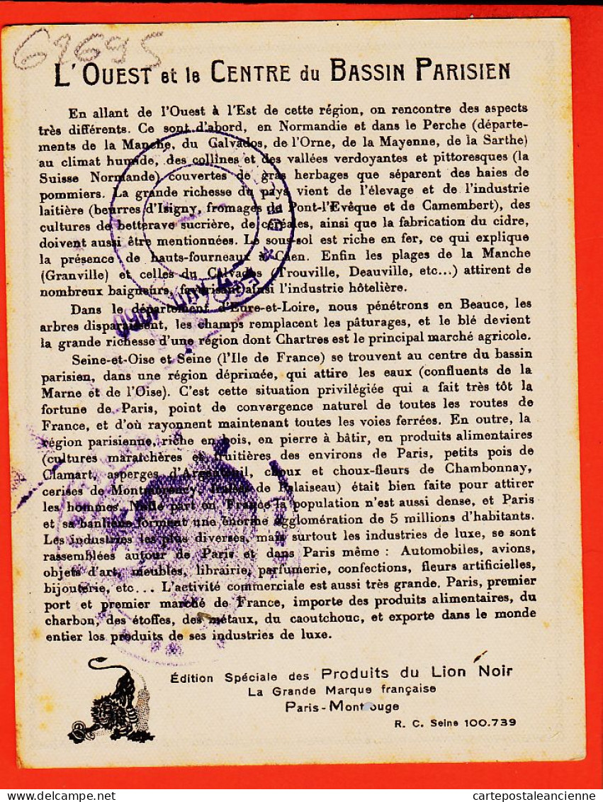 10105 ● Chromo Carte Géographique Région OUEST & CENTRE Du Bassin PARISIEN Chevaux Pomme Pub Cirage LION NOIR 10x13 - Geografía