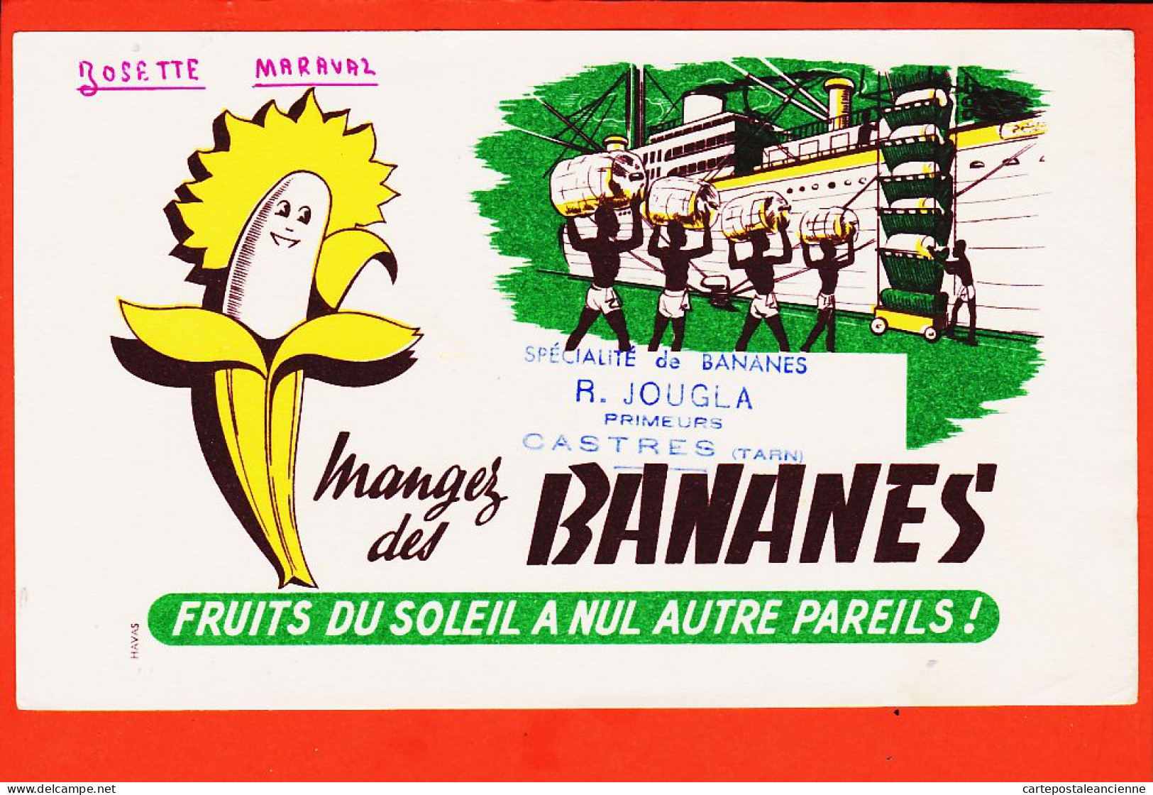 10119 ● Tampon CASTRES 81-Tarn Primeurs JOUGLA Spécialité Banane Mangez BANANES Fruits Soleil Nul Autre Pareil Buvard - Levensmiddelen