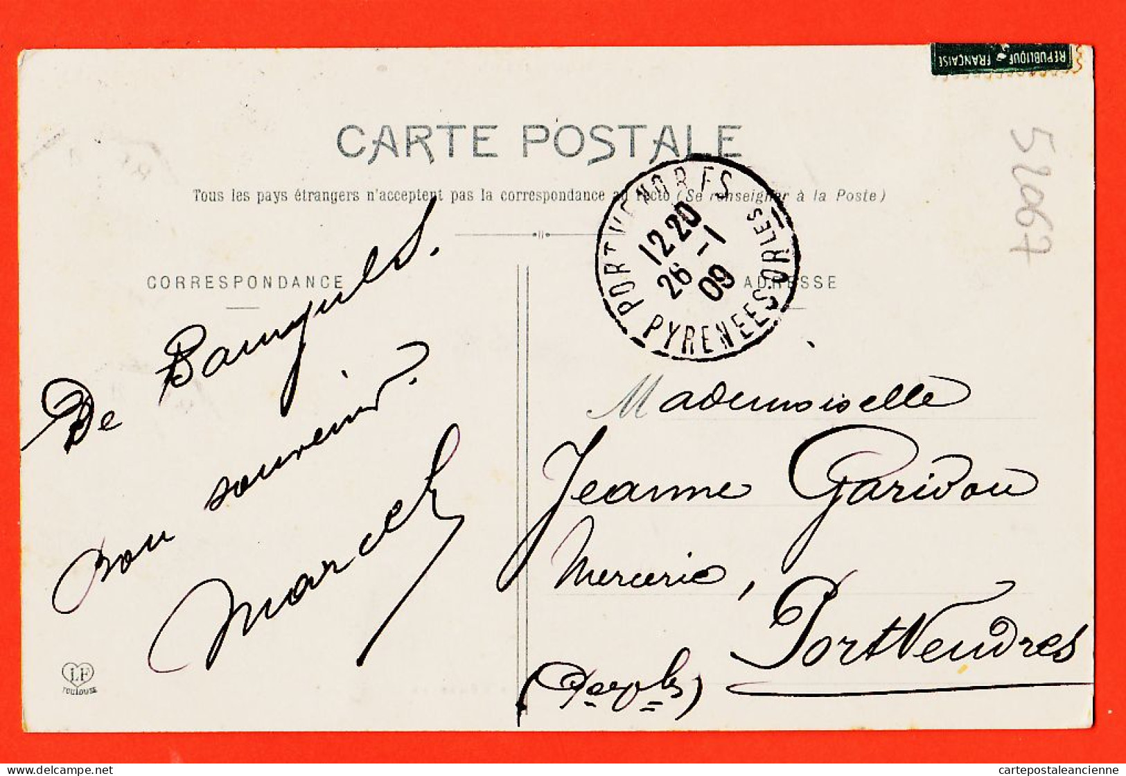10393 ● BANYULS-sur-MER (66) Vue Générale 1909 à Jeanne GARIDOU Mercerie Port-Vendres / LABOUCHE 46 LE ROUSSILLON - Banyuls Sur Mer