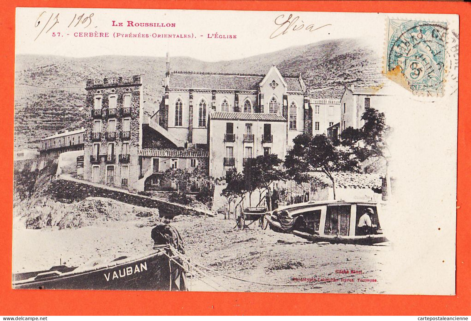 10417 ● CERBERE (66) Eglise Barque Pécheur VAUBAN 1905 à GARIDOU Port-Vendres Cliché MINET LABOUCHE Pyrénées Orientales - Cerbere