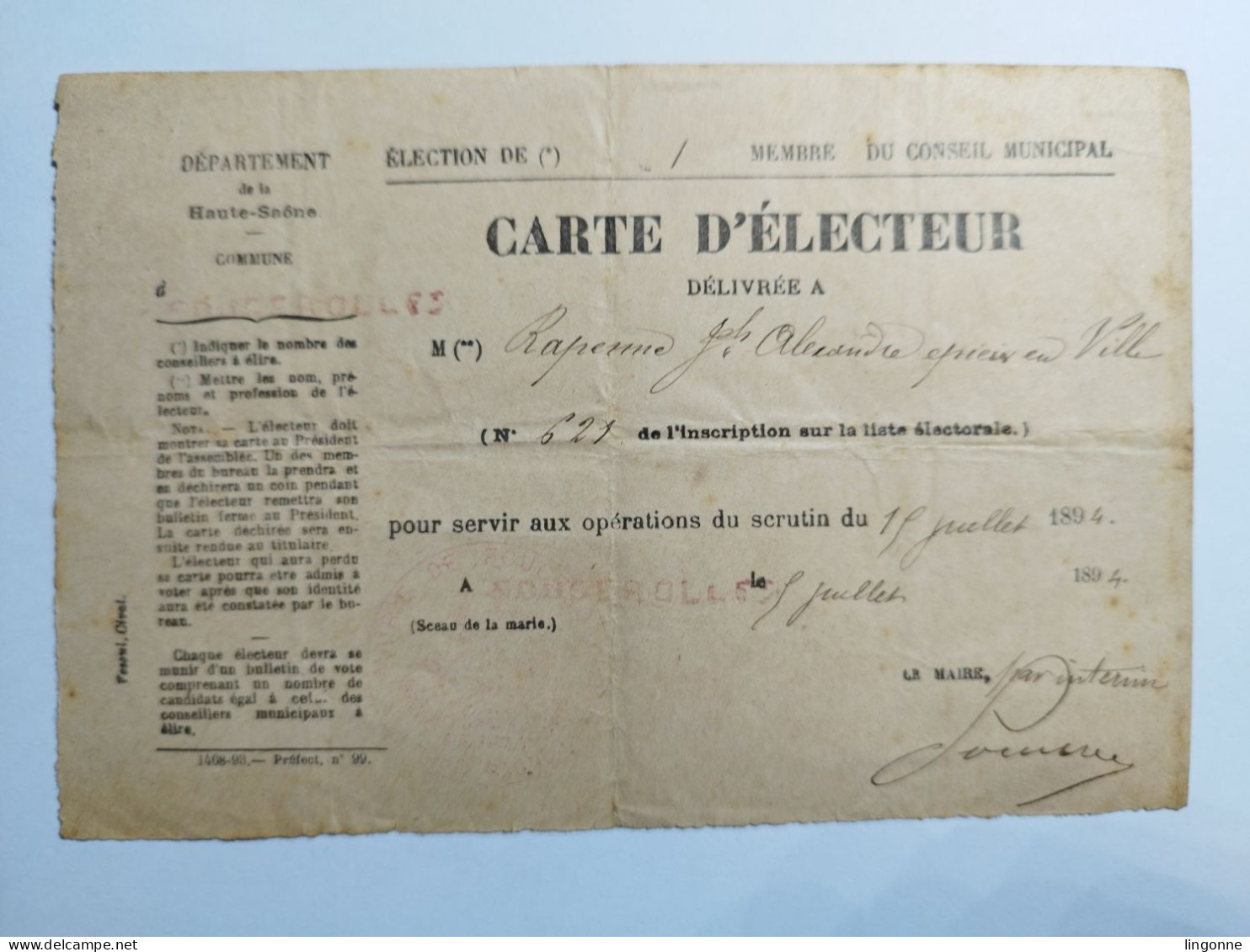 1894 CARTE D'ELECTEUR FOUGEROLLES (Haute-Saone 70) RAPENNE Epicier En Ville Membre Du Conseil Municipal - Documents Historiques