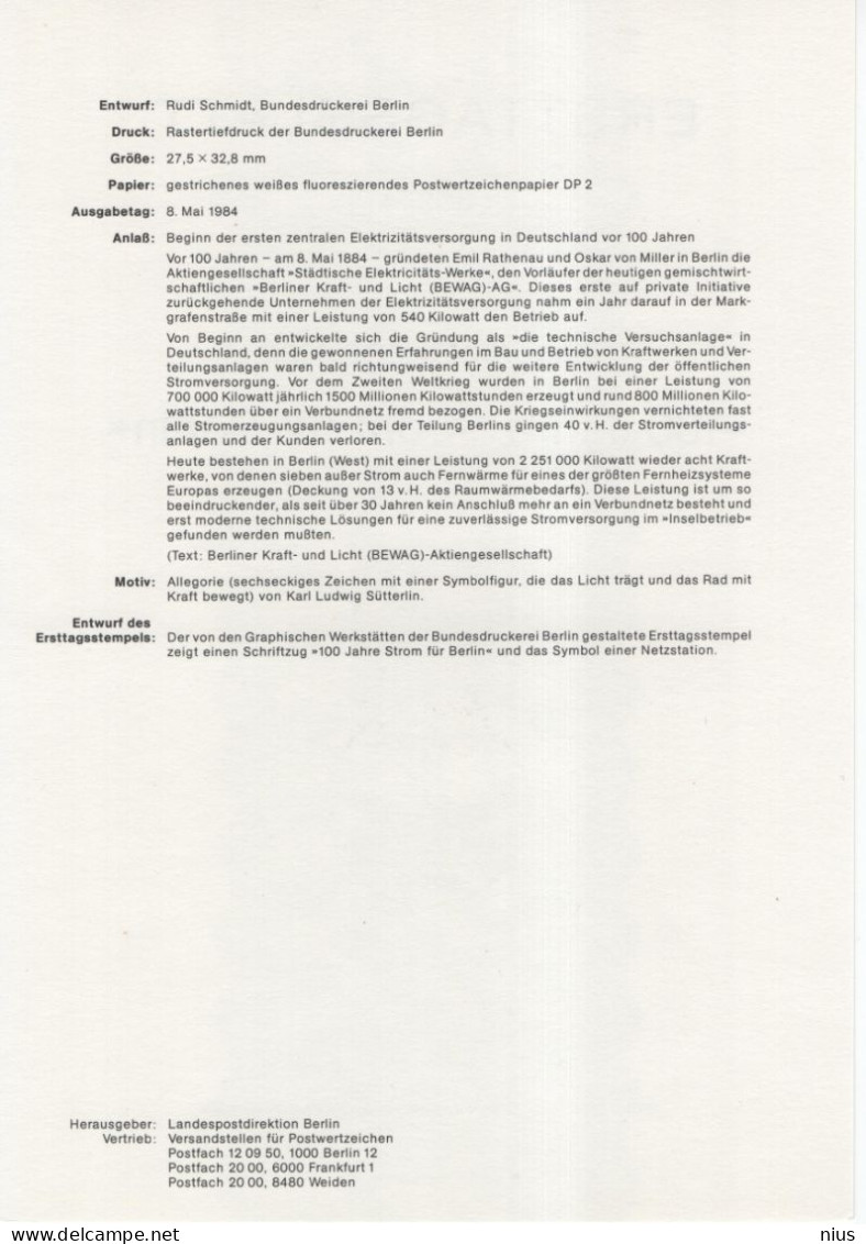 Germany Deutschland 1984-05 100 Jahre Strom Fur Berlin, 100 Years Of Electricity For Berliner Elektrizitaets Werke - 1981-1990