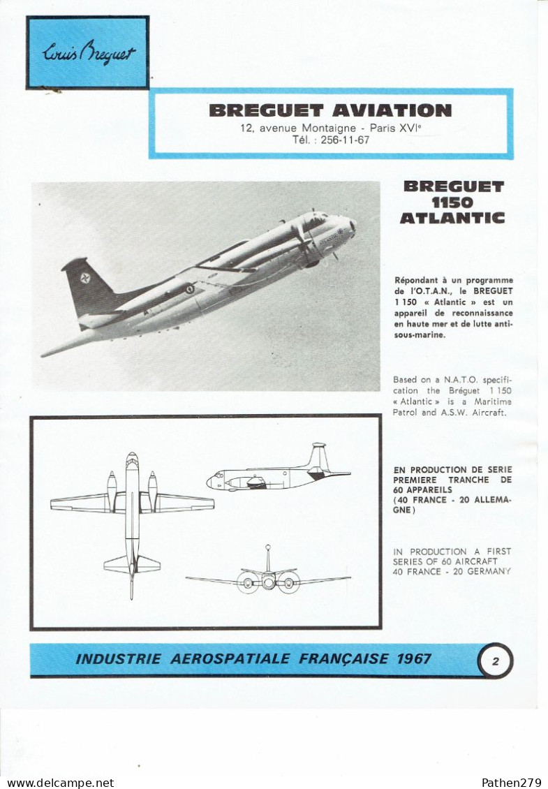 Fiche De Présentation De L'aéronef Français Bréguet 1150 "Atlantic" - 1967 - Aviación