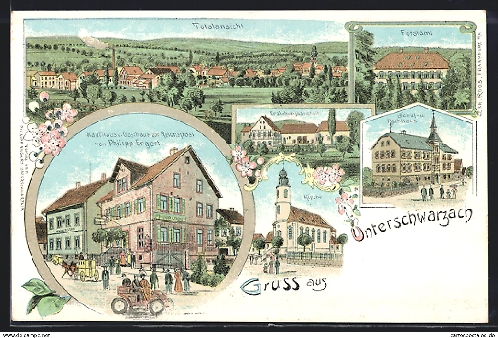 Lithographie Unterschwarzach / Baden, Gasthaus Zur Reichspost, Forstamt, Schule Und Rathaus, Erziehungsanstalt  - Baden-Baden