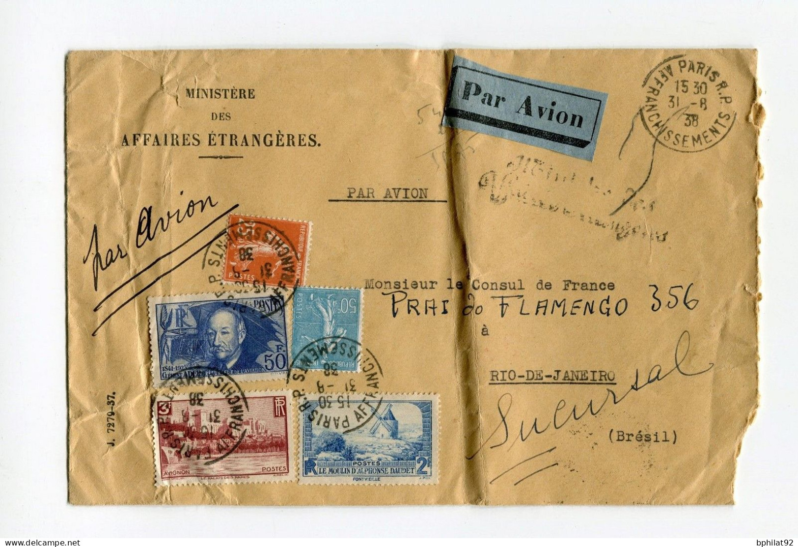 !!! LETTRE PAR AVION DE PARIS POUR LE BRESIL DE 1938 AFFRANCH N°398 CLEMENT ADER + COMPLTS - 1927-1959 Lettres & Documents