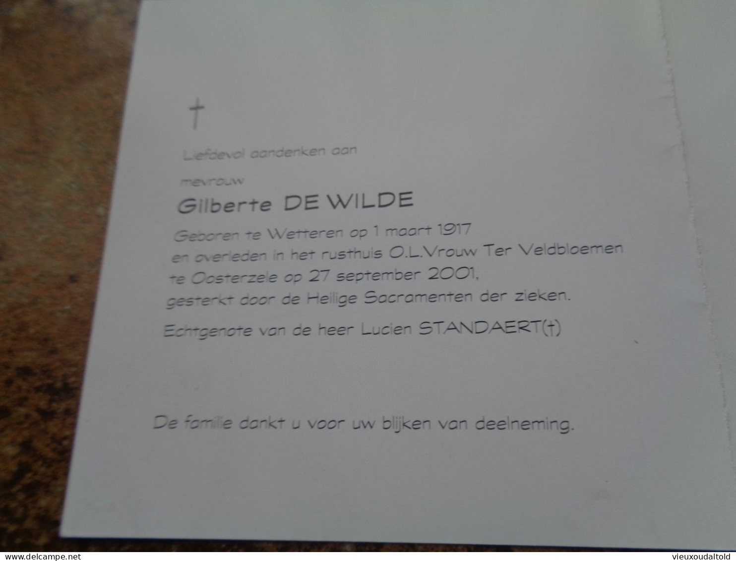 Doodsprentje/Bidprentje  Gilberte DEWILDE   Wetteren 1917-2001 Oosterzele - Religione & Esoterismo