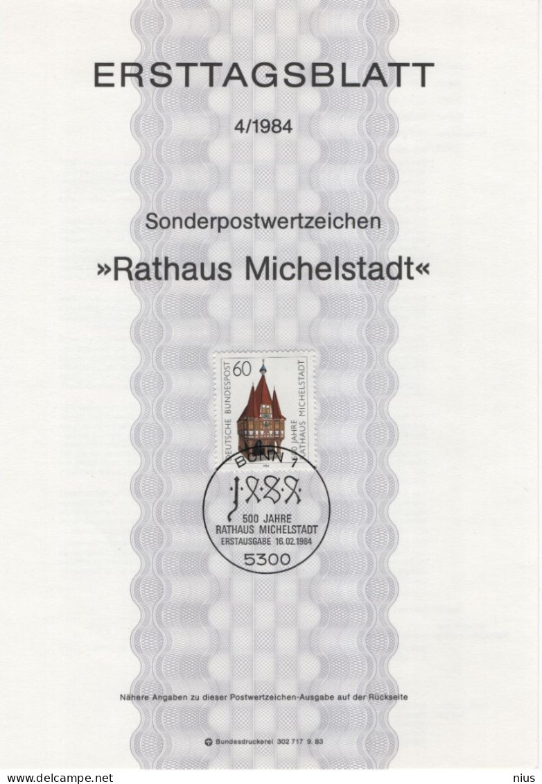 Germany Deutschland 1984-04 First Day Sheet ETB 500 Jahre Rathaus Michelstadt, Canceled In Bonn - 1981-1990