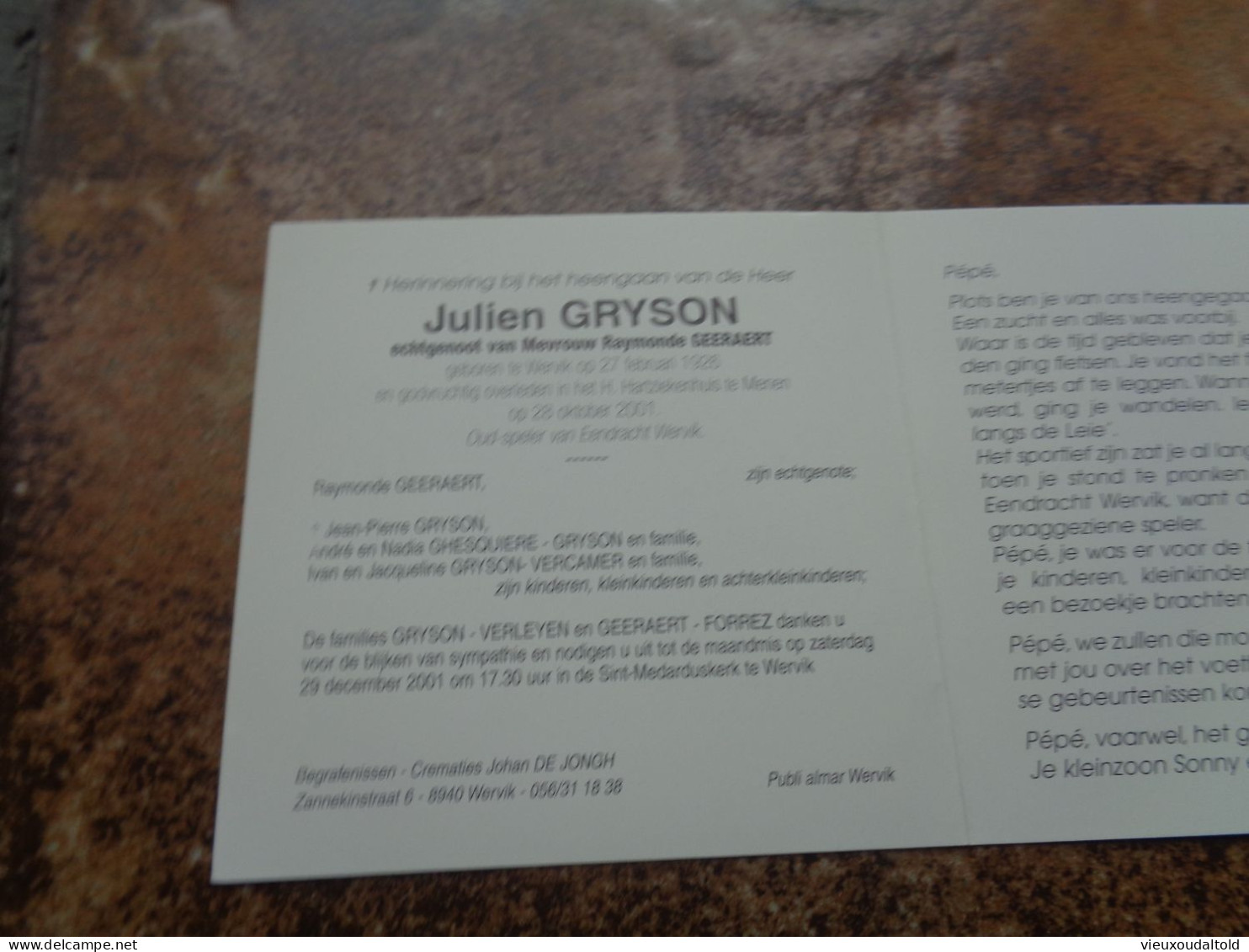 Doodsprentje/Bidprentje  Julien GRYSON   Wervik 1926-2001 Menen  (Echtg Raymonde GEERAERT) - Religion & Esotérisme