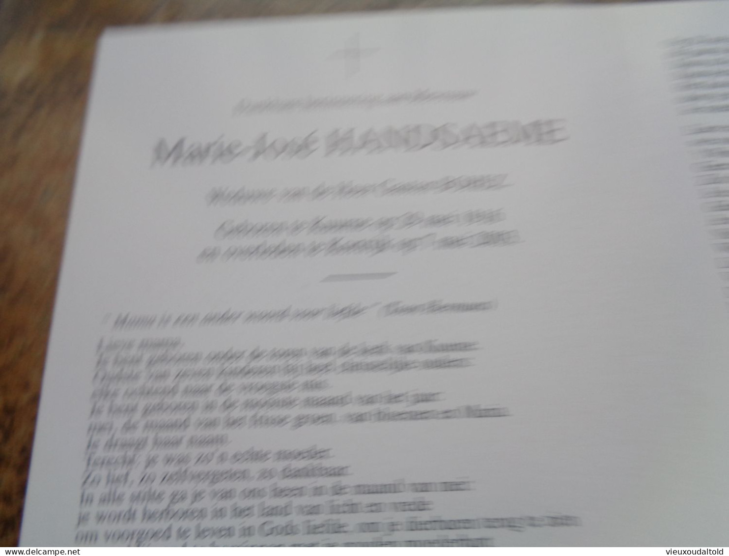 Doodsprentje/Bidprentje  Marie-José HANDSAEME   Kuurne 1916-2003 Kortrijk  (Wwe Gaston BOHEZ) - Religión & Esoterismo