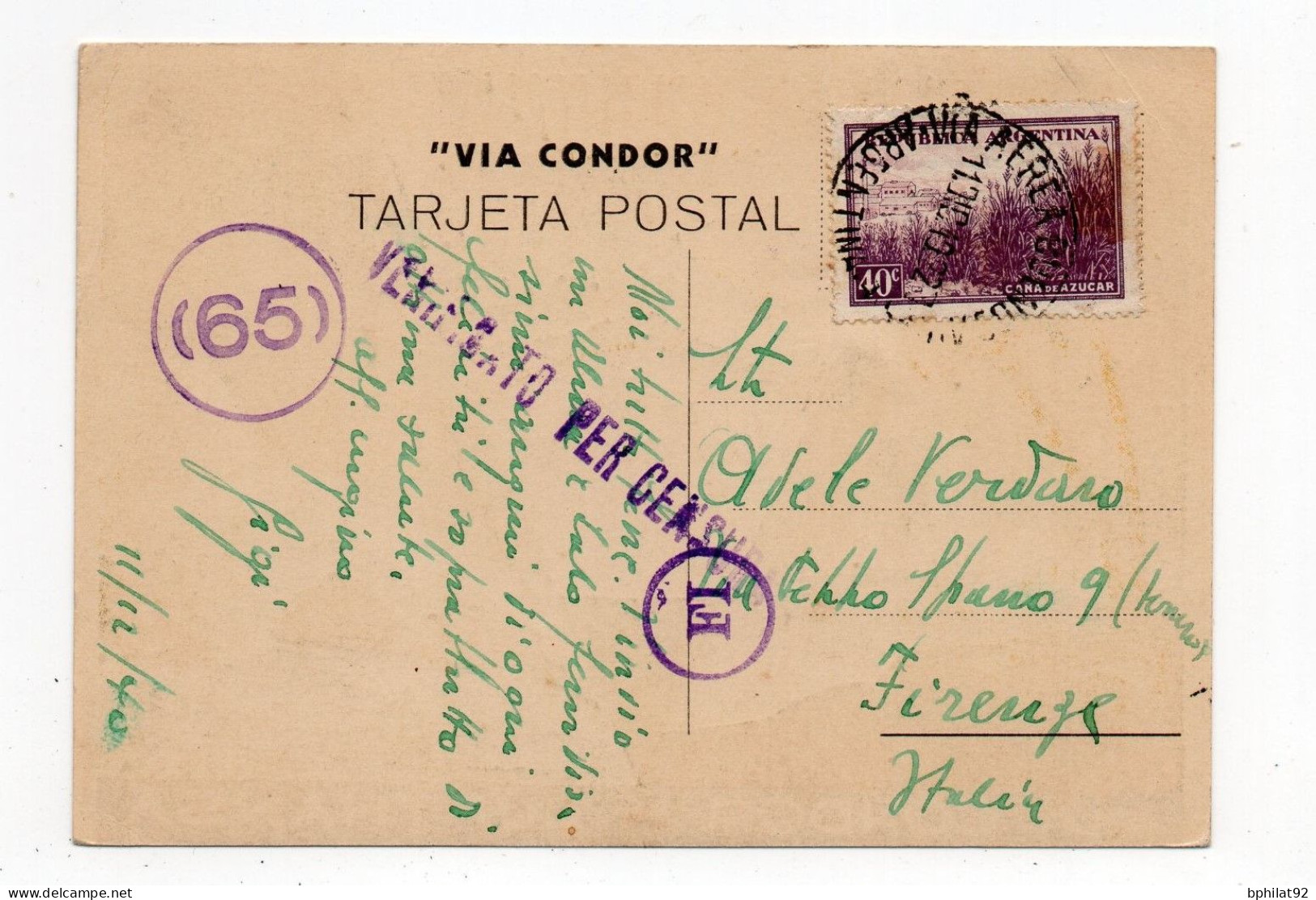 !!! ARGENTINE, CARTE POSTALE JOUR DE L'AN DE 1940 POUR L'ITALIE VIA CONDOR, AVEC CENSURE. MODELE RARE - Aéreo